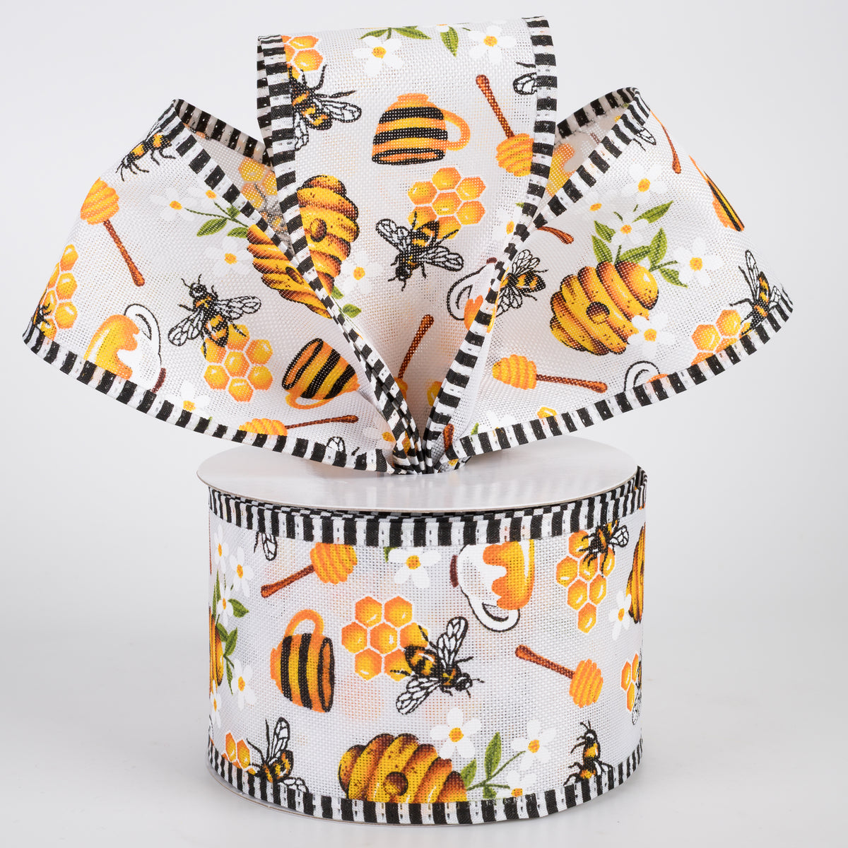 2.5" Linen Bees & Honey B&W Stripe Edge Ribbon: White (10 Yards)