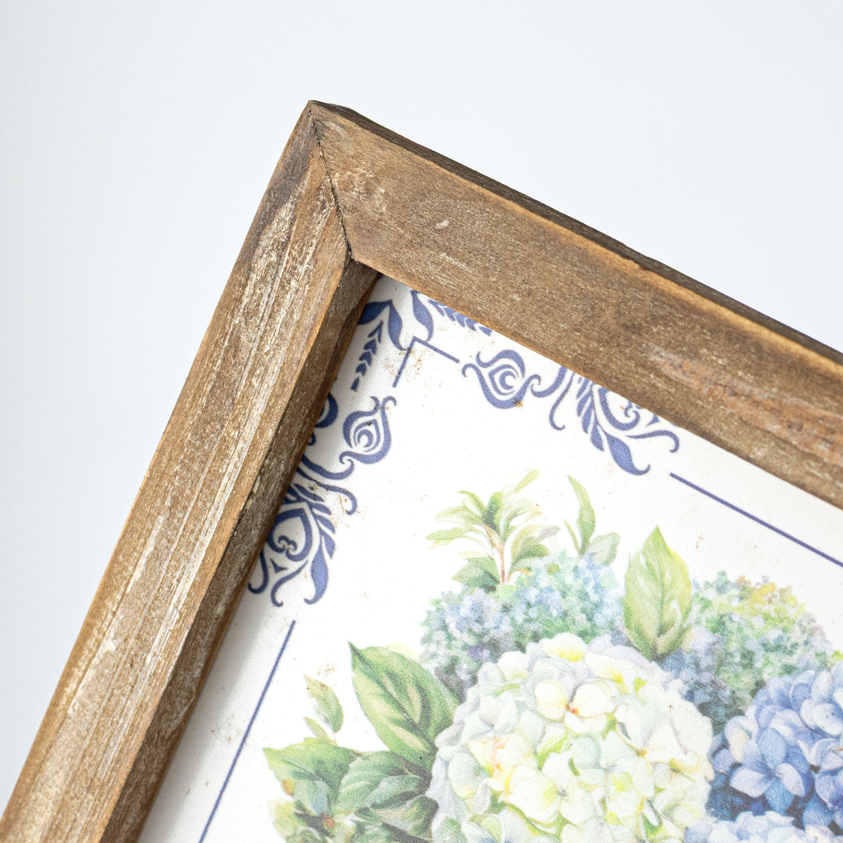 8" Square Framed Wooden Sign: Chinoiserie Blue Hydrangea