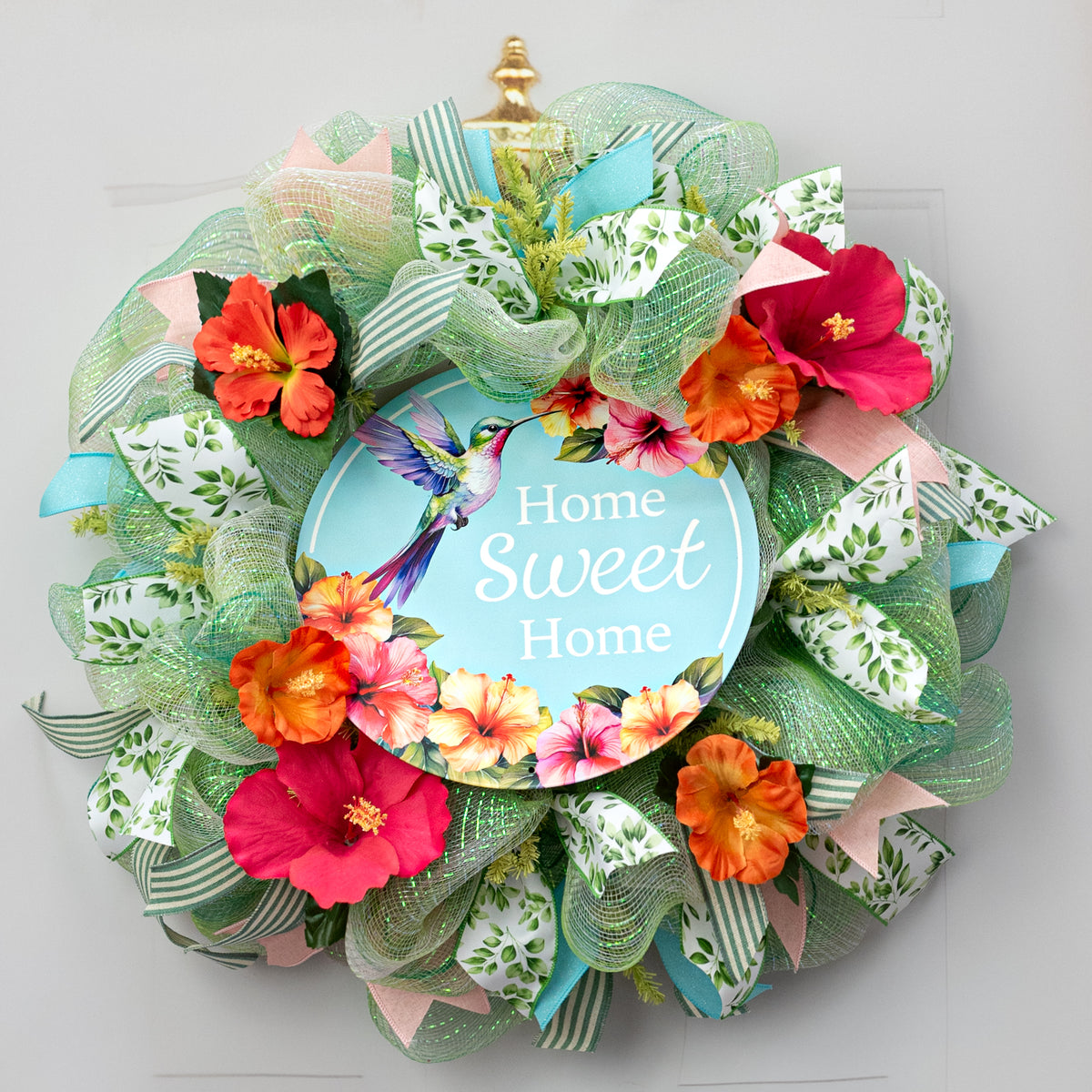 12" Round Metal Sign: Home Sweet Home Hibiscus Hummingbird