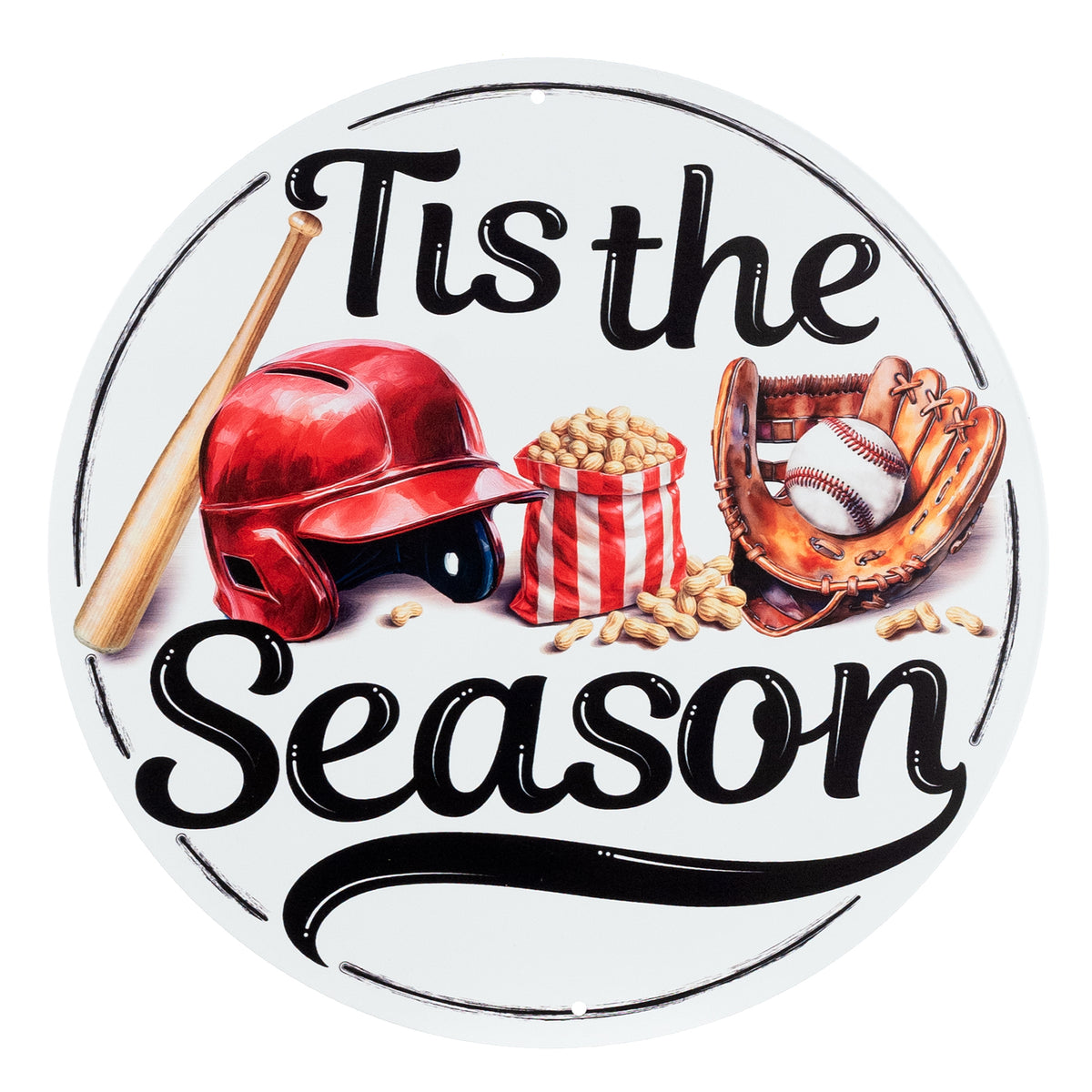 12" Round Metal Sign: Tis the Season Baseball