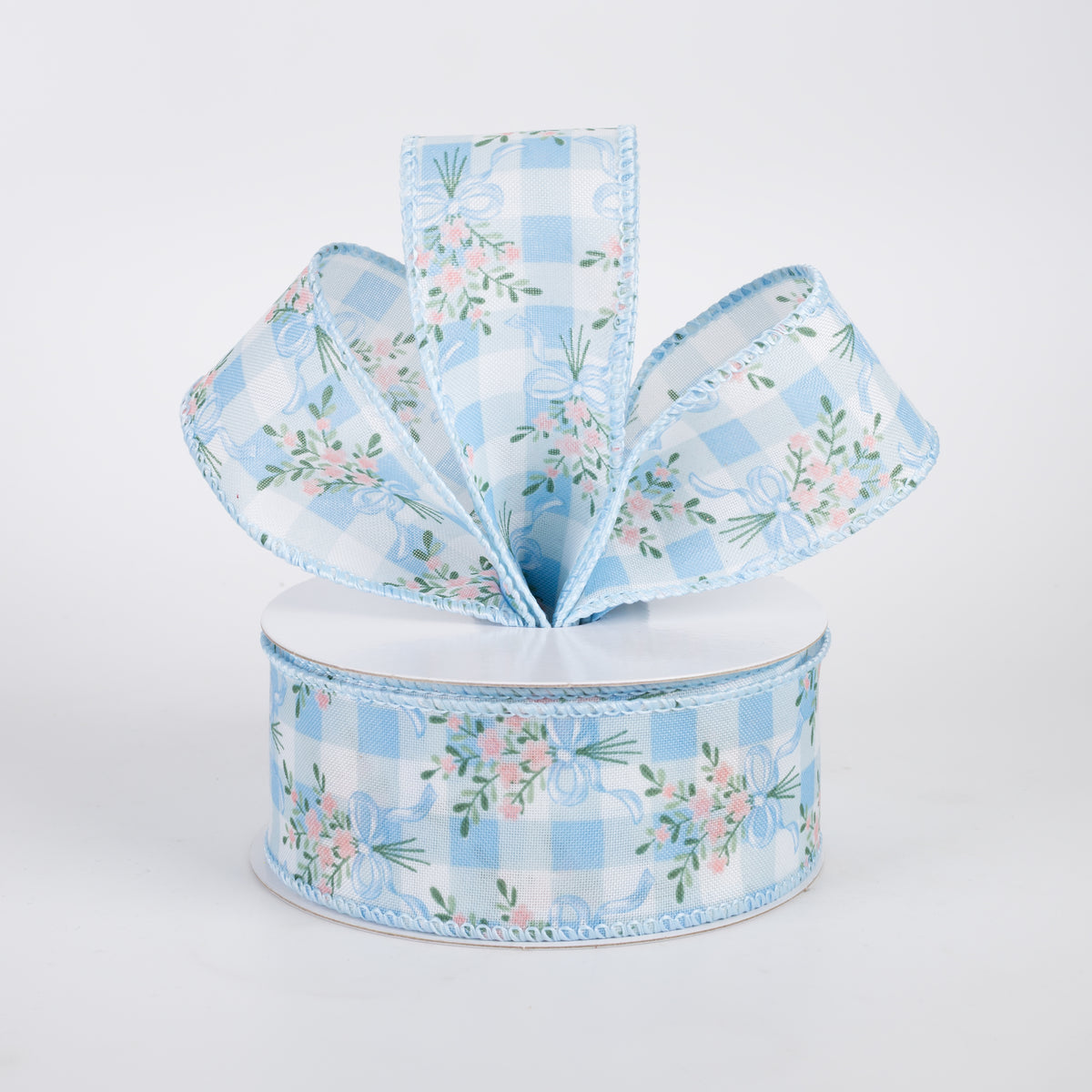 1.5" Satin Flower Bow Bouquet Ribbon: White & Blue (10 Yards)