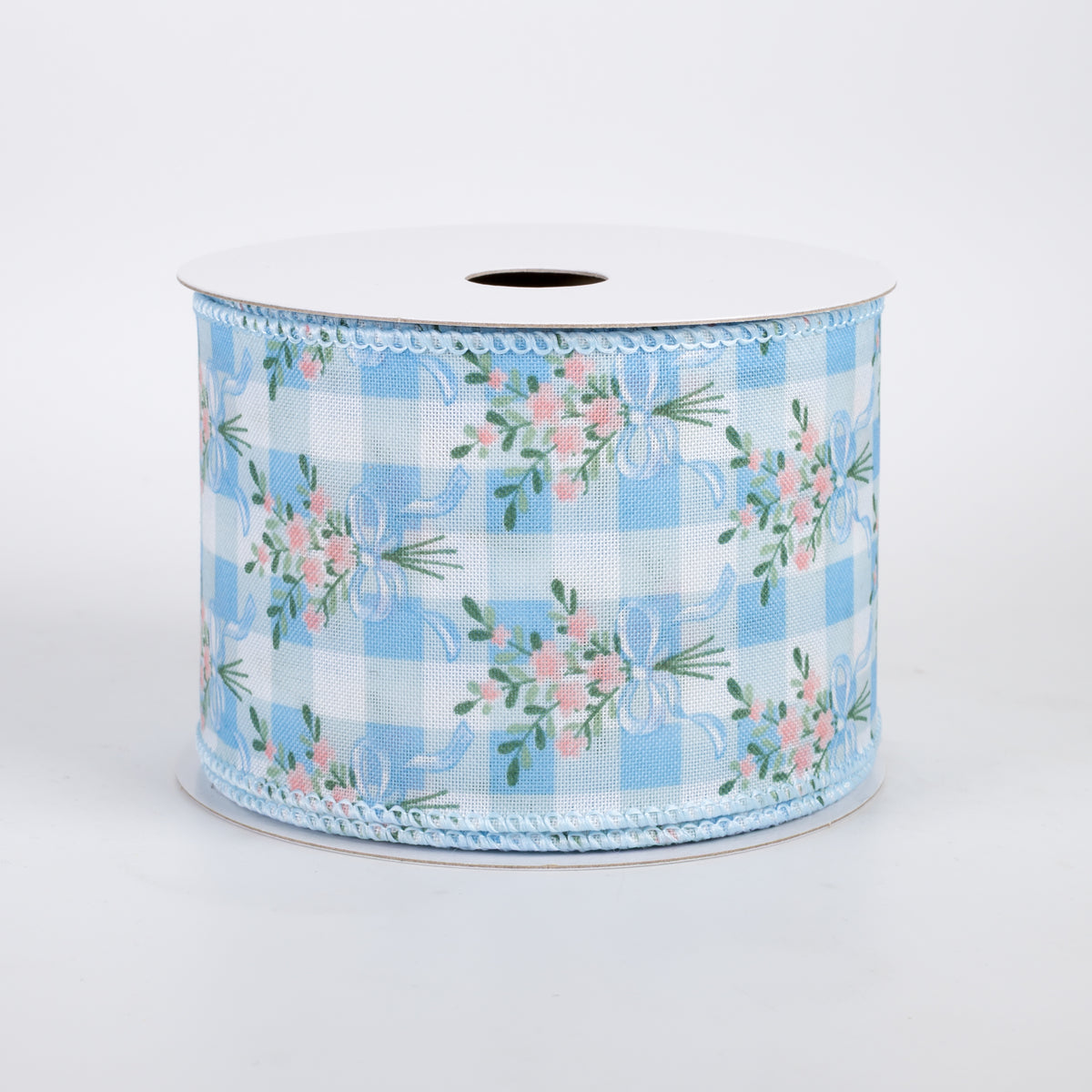 2.5" Satin Flower Bow Bouquet Ribbon: White & Blue (10 Yards)