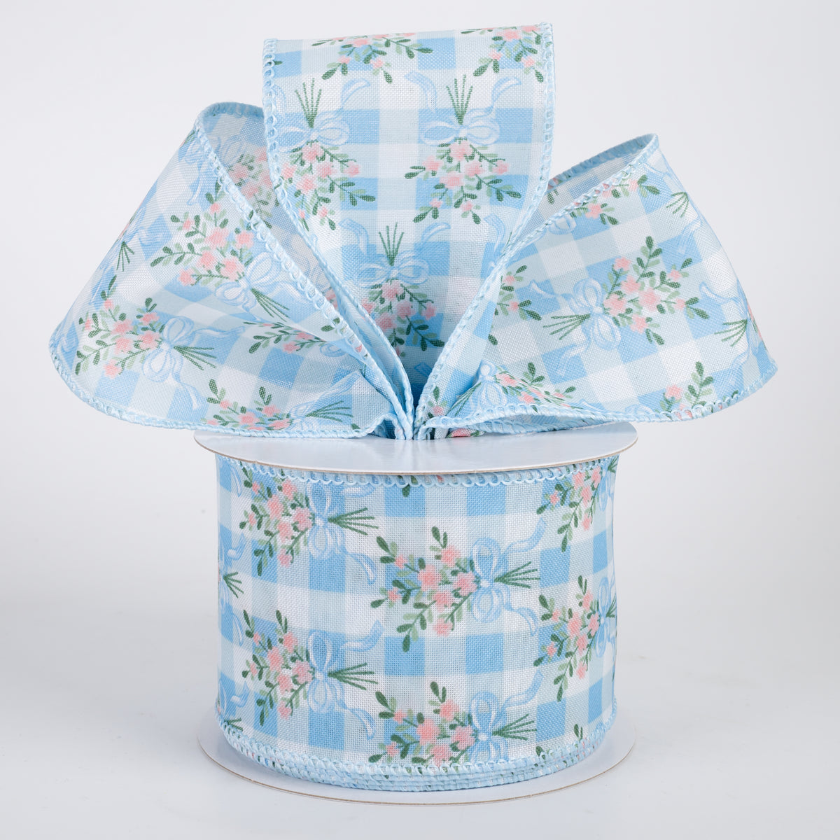 2.5" Satin Flower Bow Bouquet Ribbon: White & Blue (10 Yards)