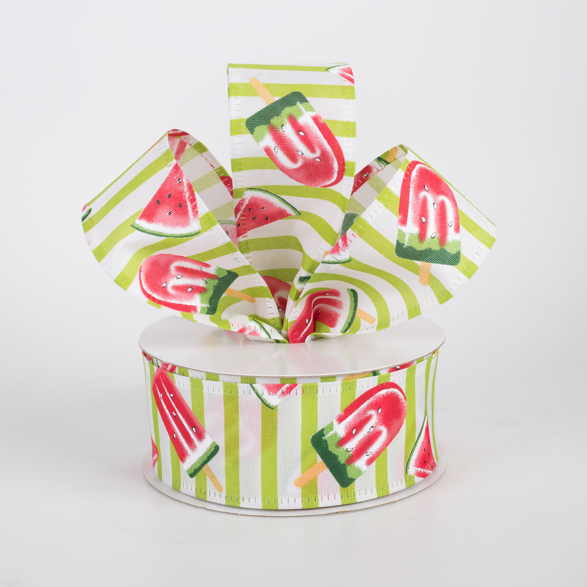 1.5" Watermelon Fruit & Popsicle Ribbon: Lime & White Stripes (10 Yards)