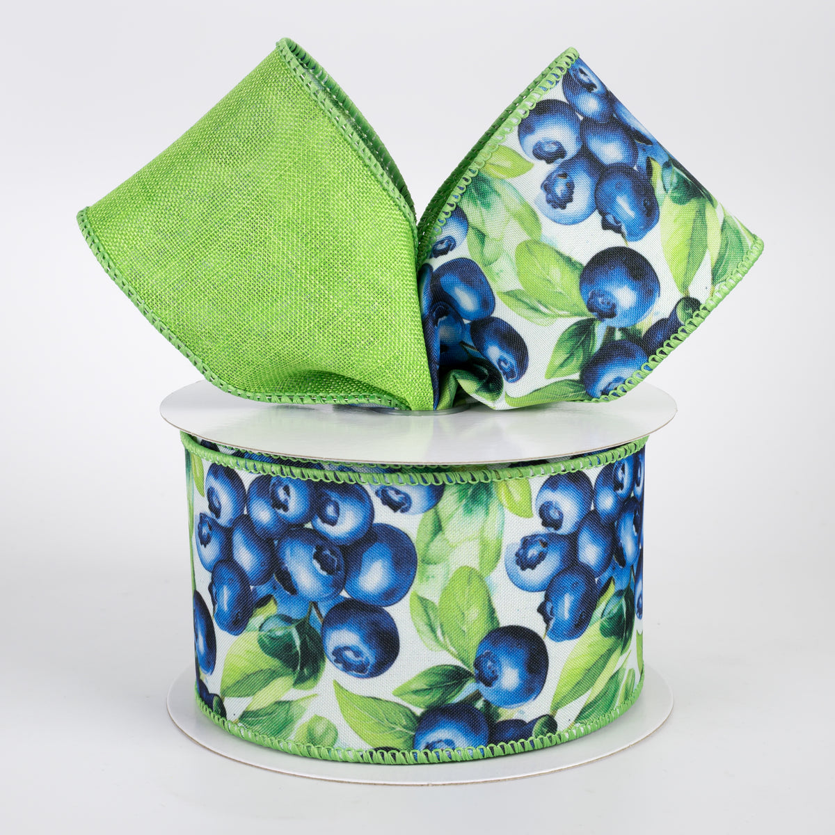 2.5" Double Sided Fused Jumbo Blueberries Ribbon: Lime Green (10 Yards)