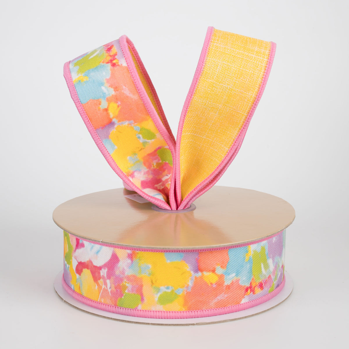 1.5" Double Sided Fused Abstract Paint Ribbon: Pink & Yellow (10 Yards)