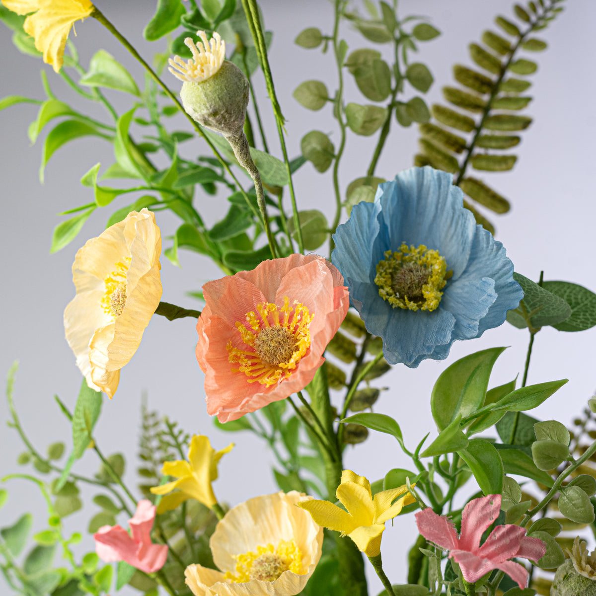 23" Fabric Poppy Flower & Fern Spray: Blue, Coral & Yellow