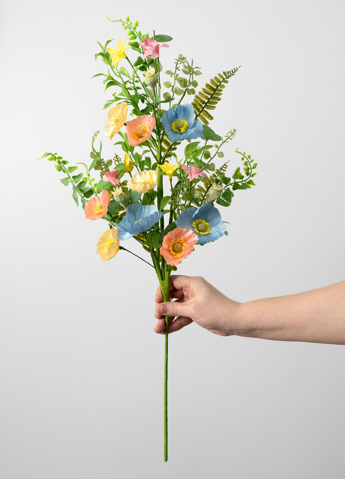 23" Fabric Poppy Flower & Fern Spray: Blue, Coral & Yellow