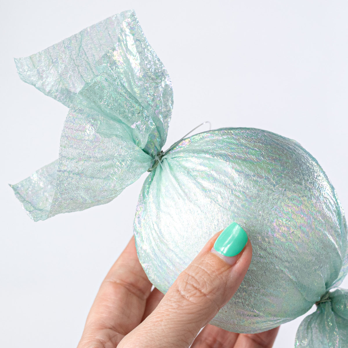 7.5" Iridescent Fabric Wrapped Candy Ornament: Mint Blue