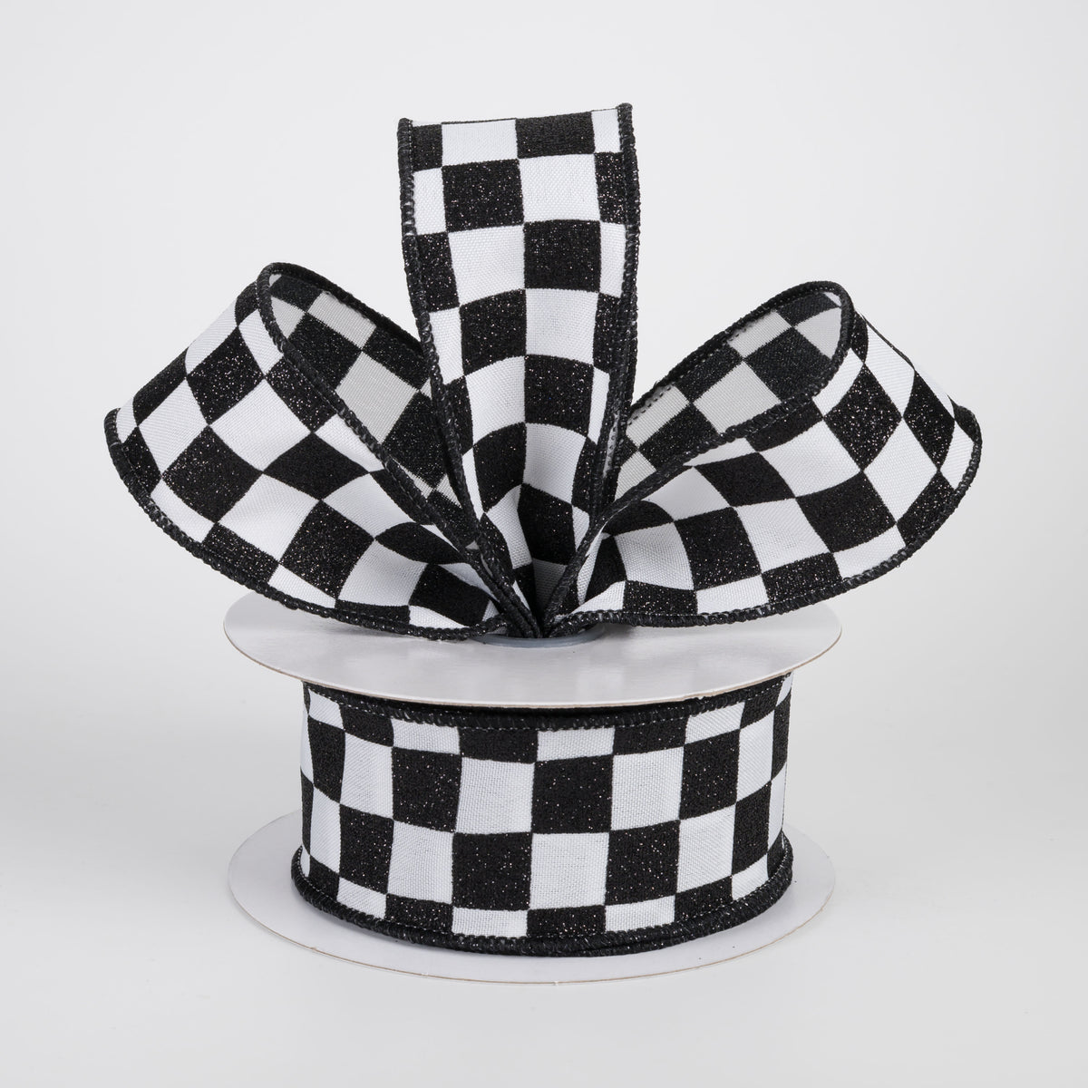 1.5" Printed Glitter Race Check Ribbon: Black on White (10 Yards)
