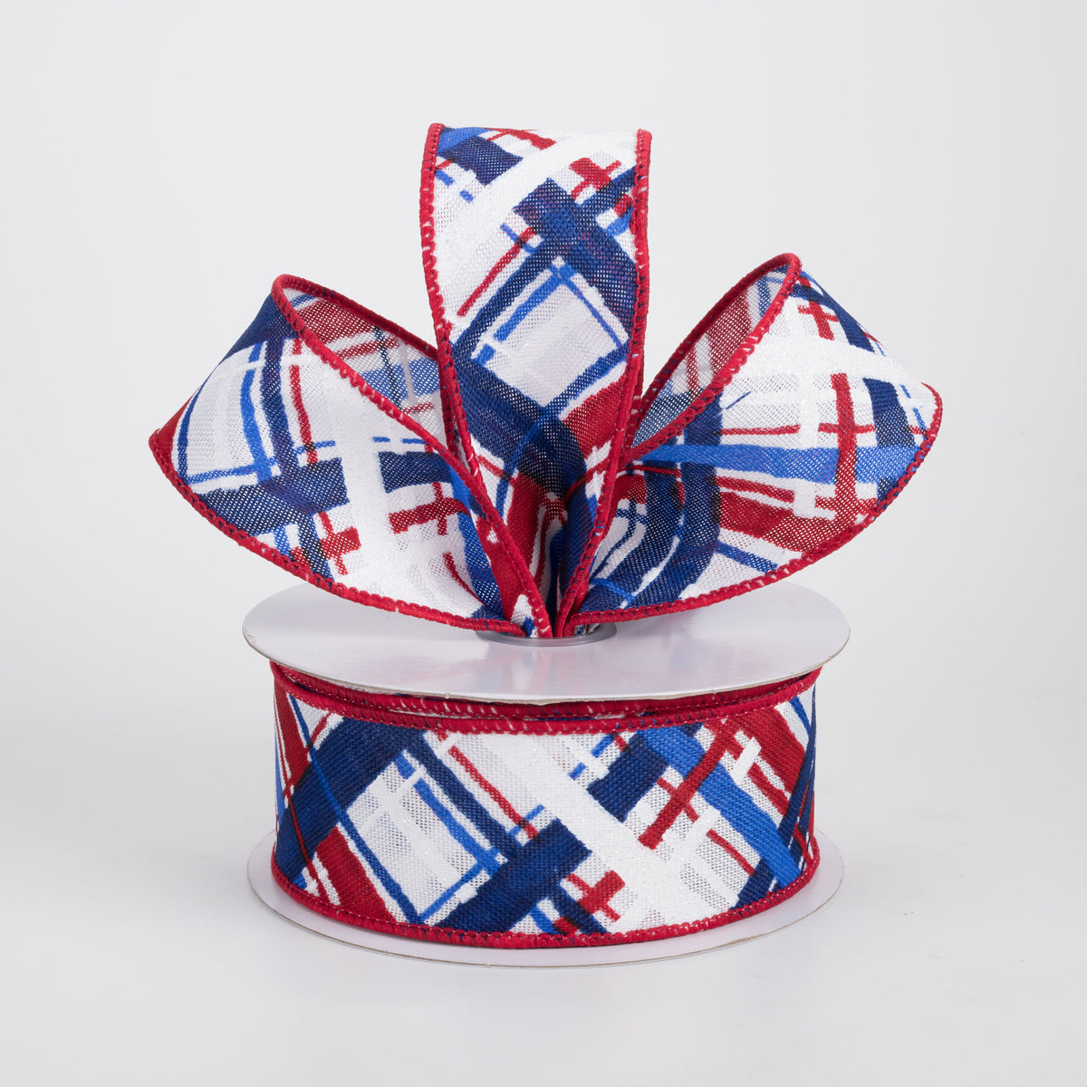 1.5" Diagonal Painted Plaid Ribbon: Red, White & Blue (10 Yards)