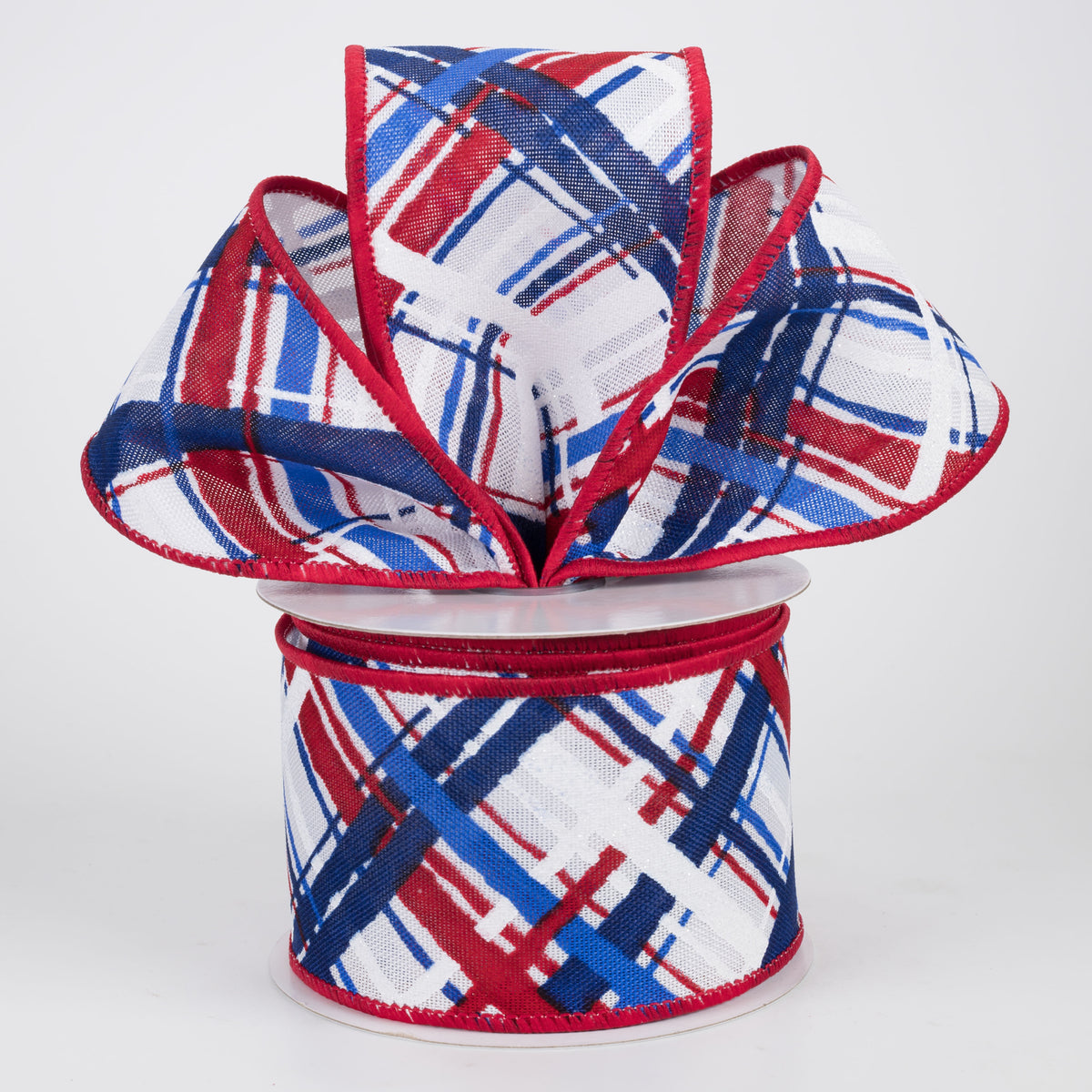 2.5" Diagonal Painted Plaid Ribbon: Red, White & Blue (10 Yards)