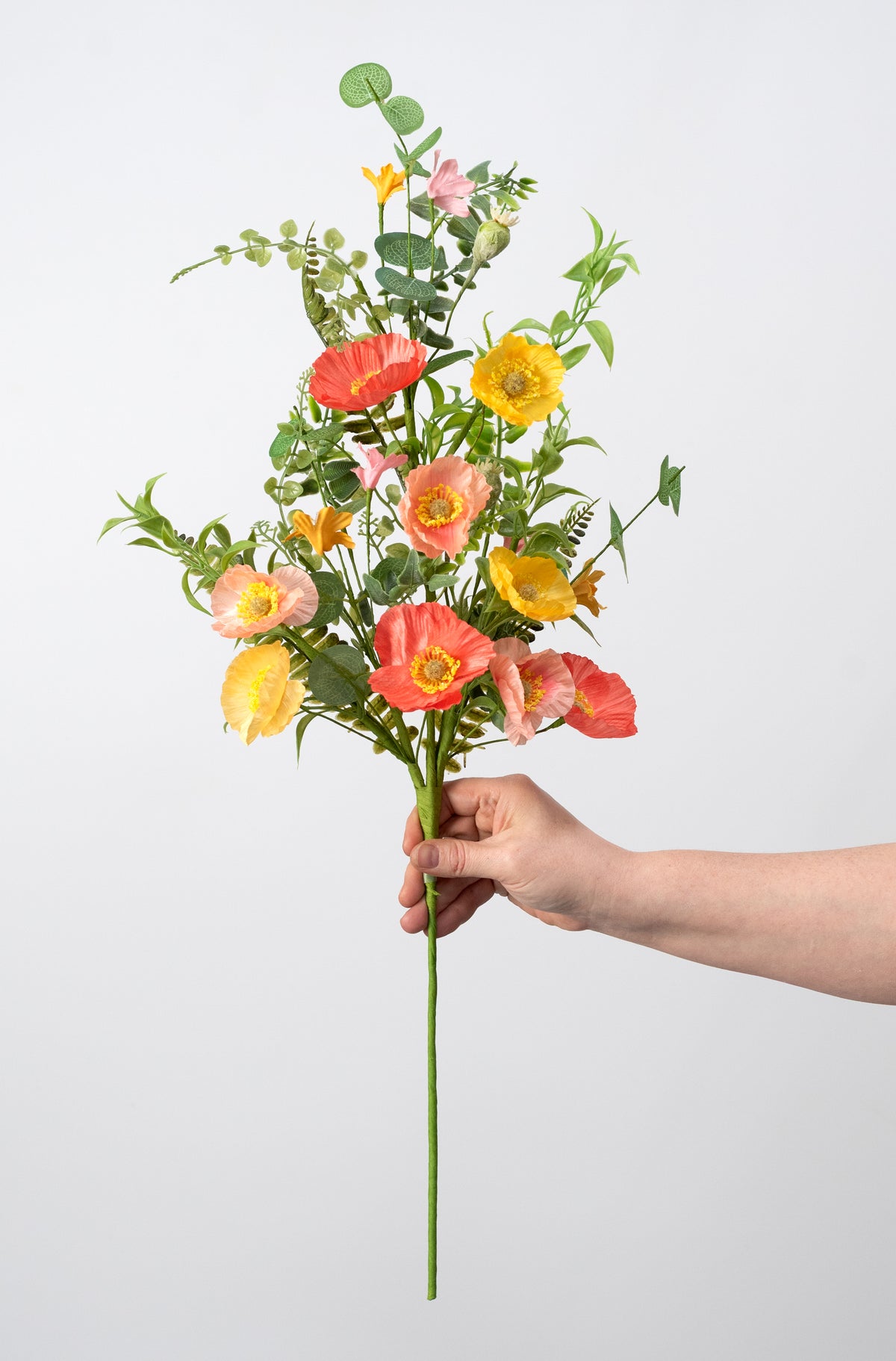 26" Fabric Poppy Flower & Fern Spray: Orange, Coral & Yellow