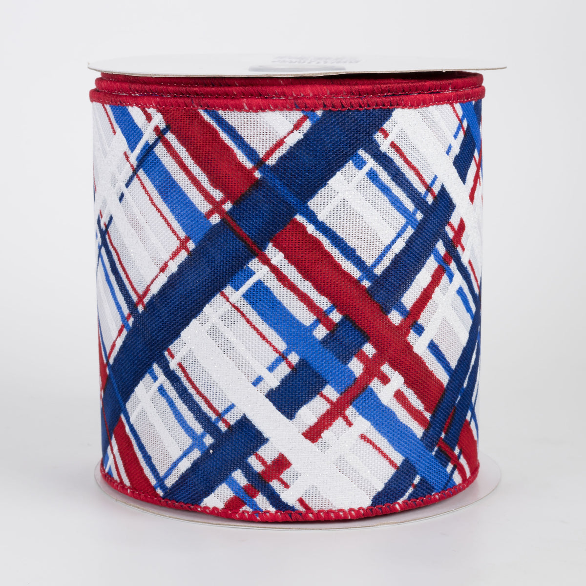 4" Diagonal Painted Plaid Ribbon: Red, White & Blue (10 Yards)