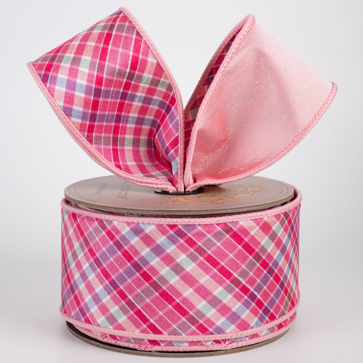 [D Stevens] 2.5" Dupioni Diagonal Camellia Plaid Ribbon: Pinks (10 Yards)