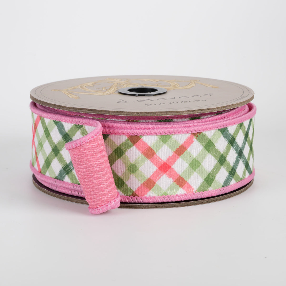 [D Stevens] 1.5" Dupioni Diagonal Watercolor Plaid Ribbon: Pink, Green & White (10 Yards)