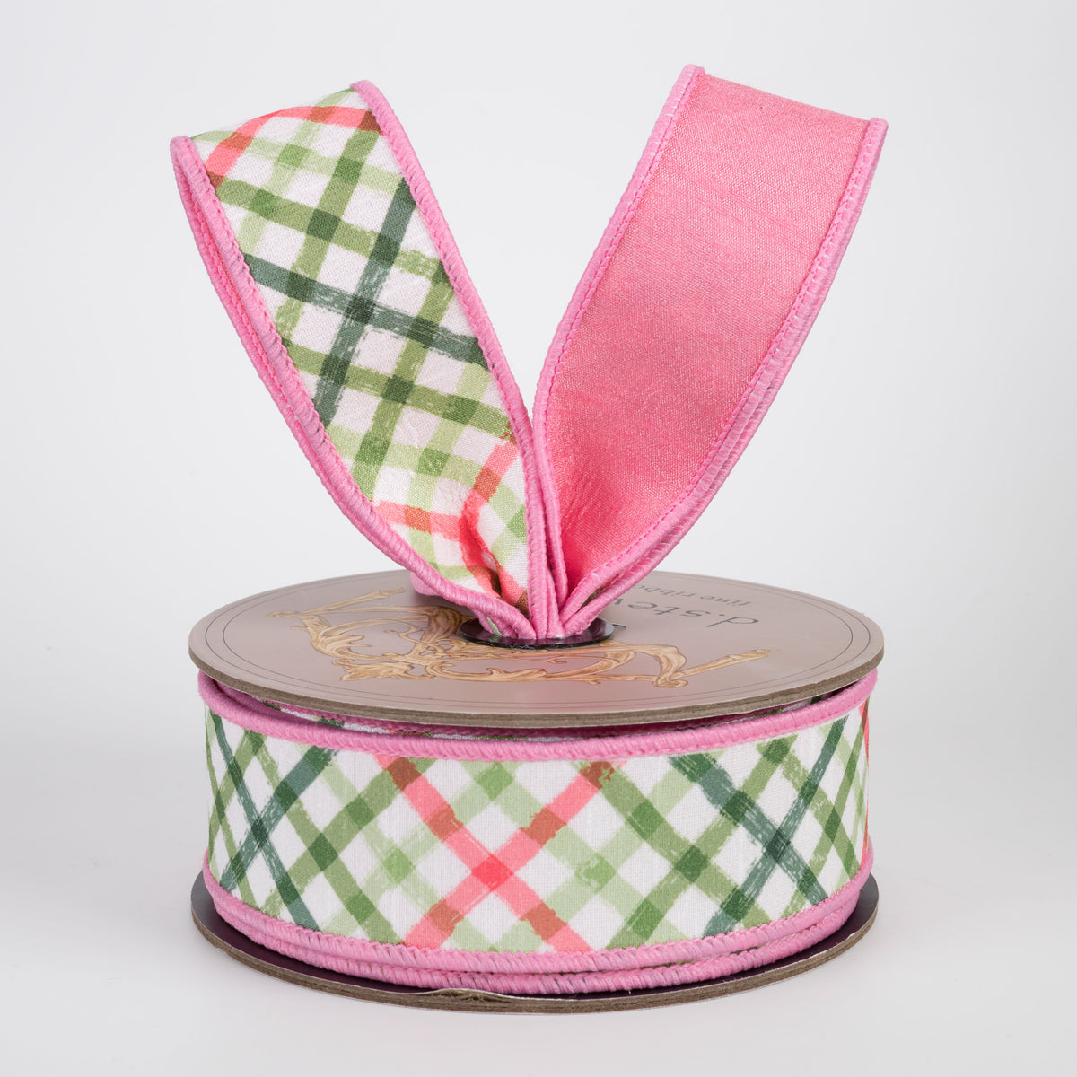 [D Stevens] 1.5" Dupioni Diagonal Watercolor Plaid Ribbon: Pink, Green & White (10 Yards)