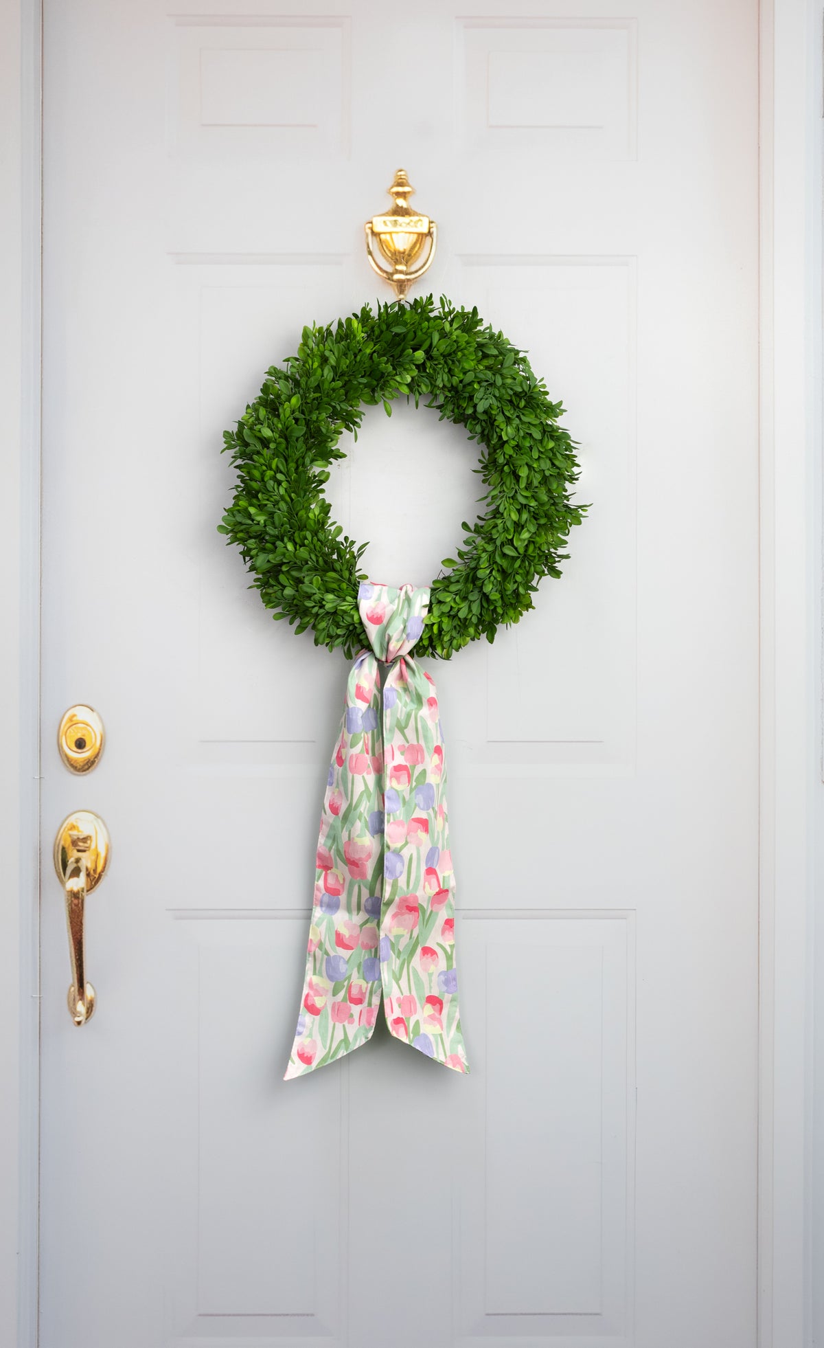 [D Stevens] 4" x 56" Poplin Wreath Sash: Watercolor Tulips & Green Check