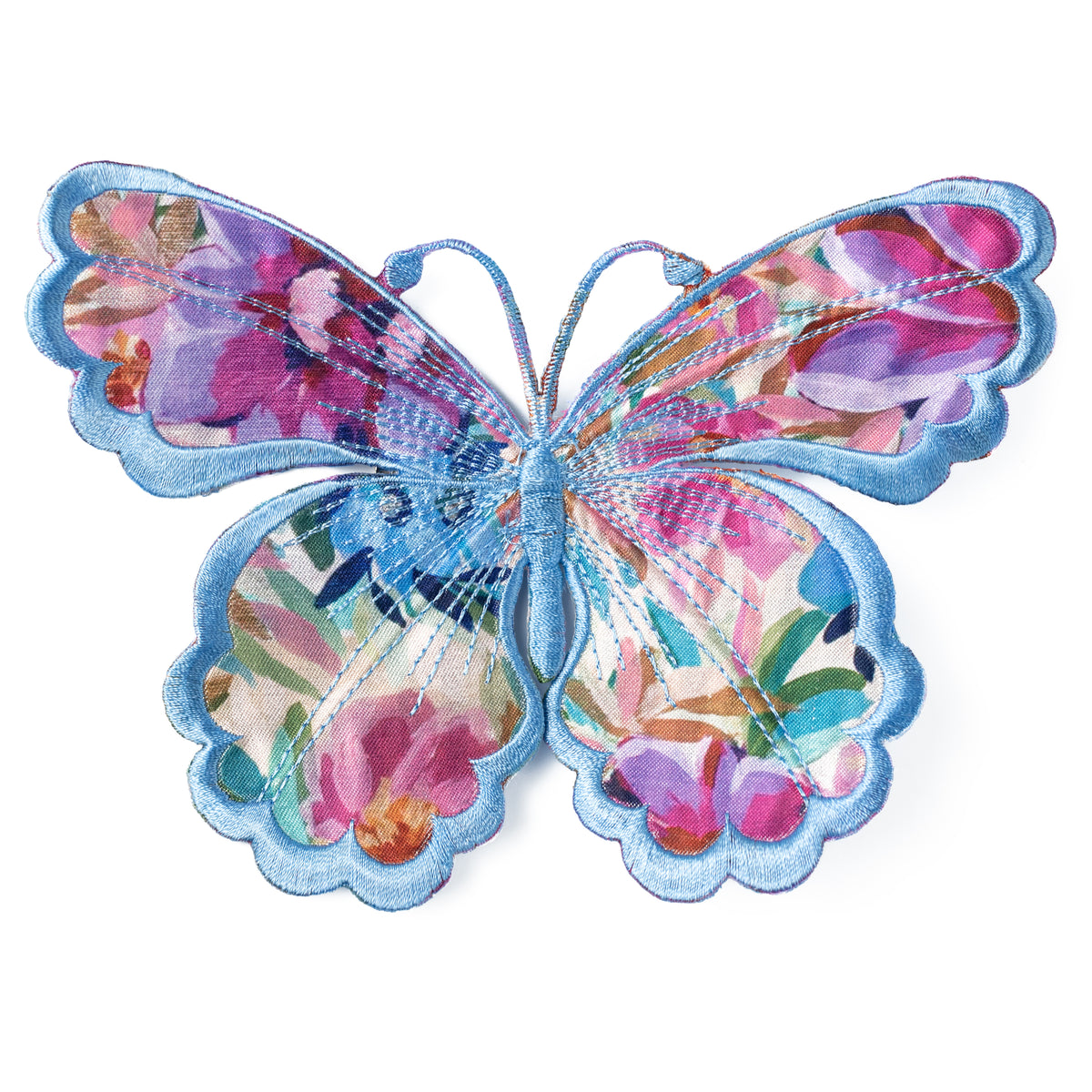 [D Stevens] 6" Embroidered Satin Butterfly Clip: Watercolor Floral Blue