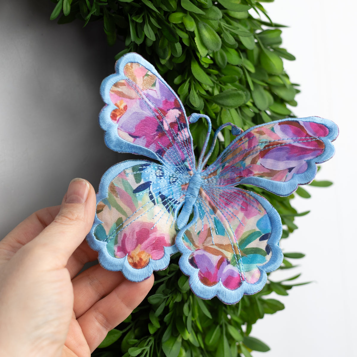 [D Stevens] 6" Embroidered Satin Butterfly Clip: Watercolor Floral Blue