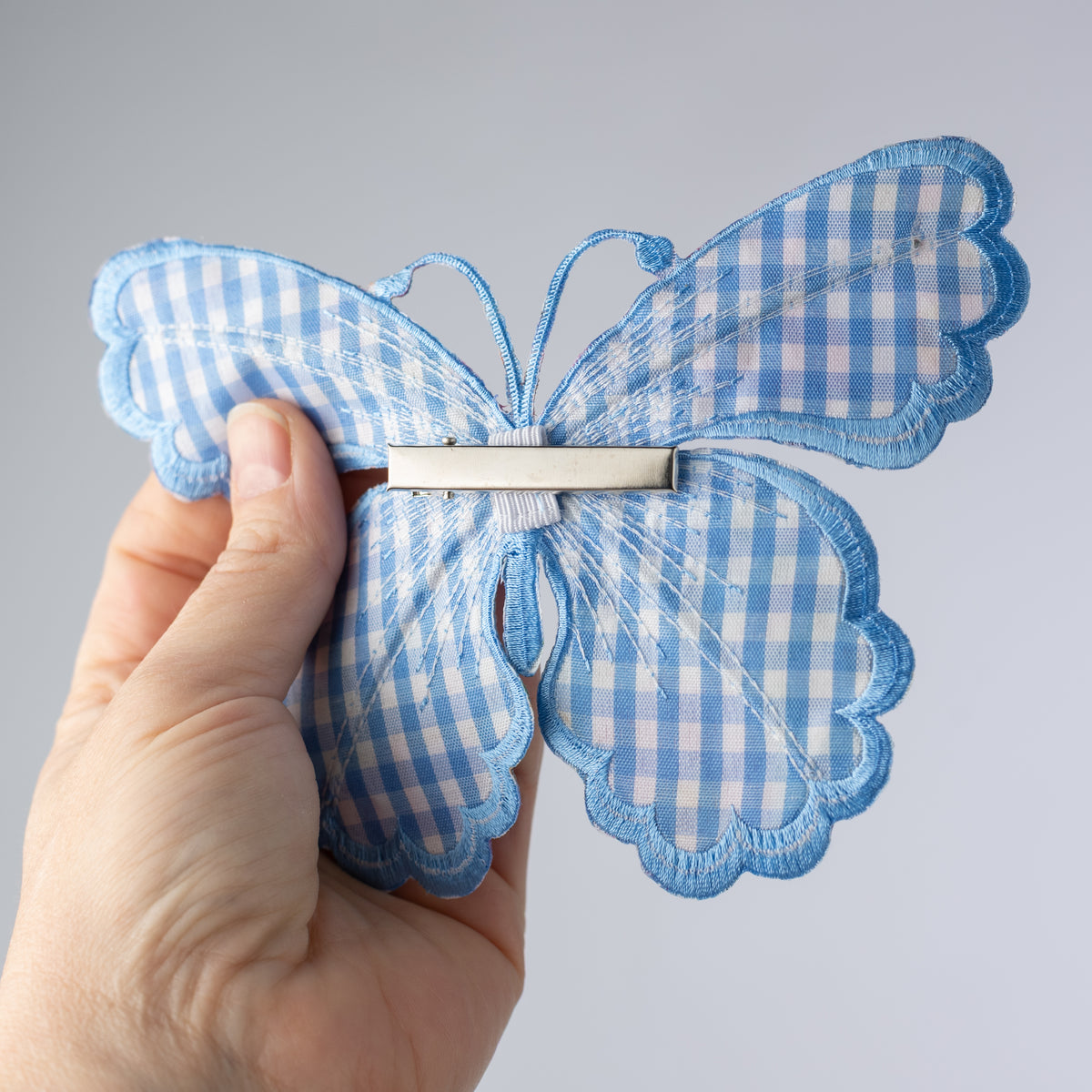 [D Stevens] 6" Embroidered Satin Butterfly Clip: Watercolor Floral Blue