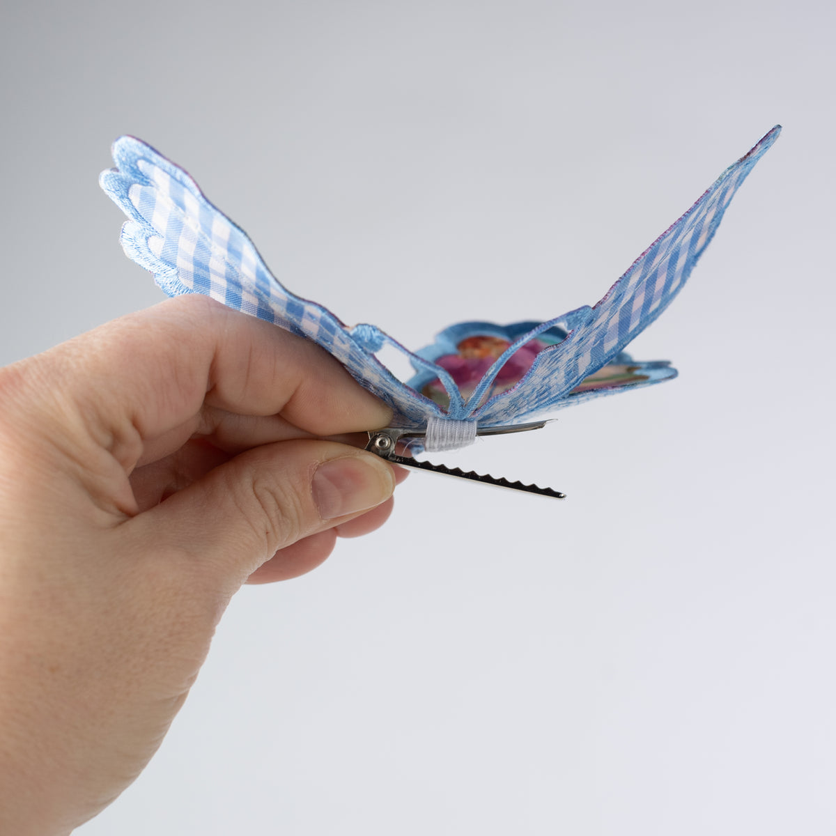 [D Stevens] 6" Embroidered Satin Butterfly Clip: Watercolor Floral Blue