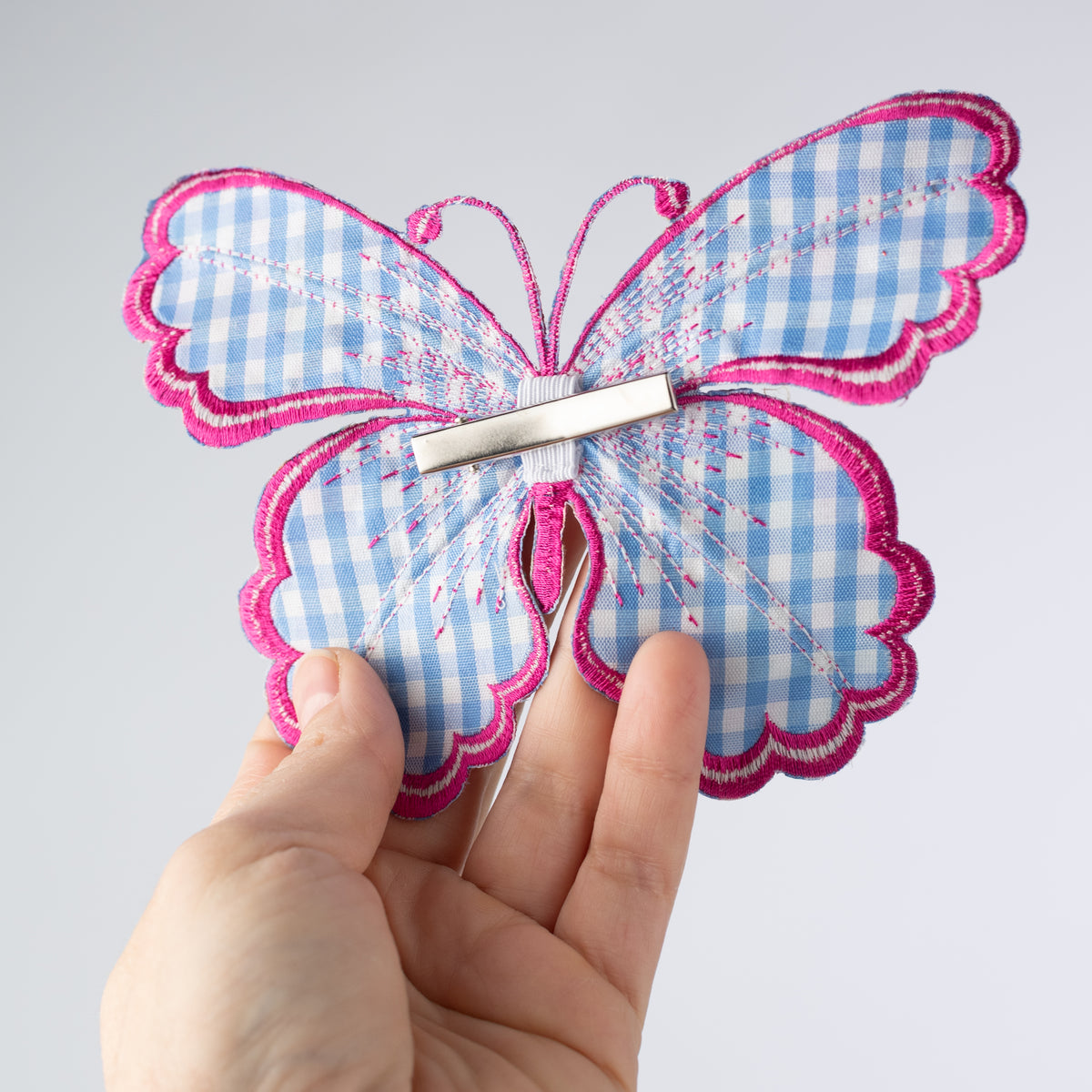 [D Stevens] 6" Embroidered Satin Butterfly Clip: Watercolor Floral Hot Pink