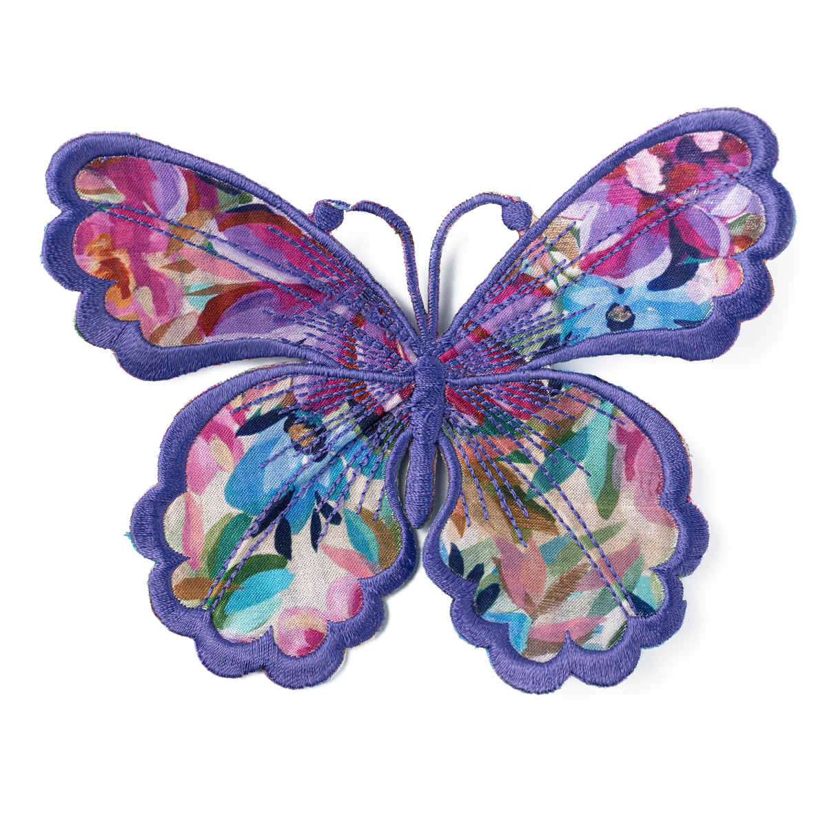 [D Stevens] 6" Embroidered Satin Butterfly Clip: Watercolor Floral Purple