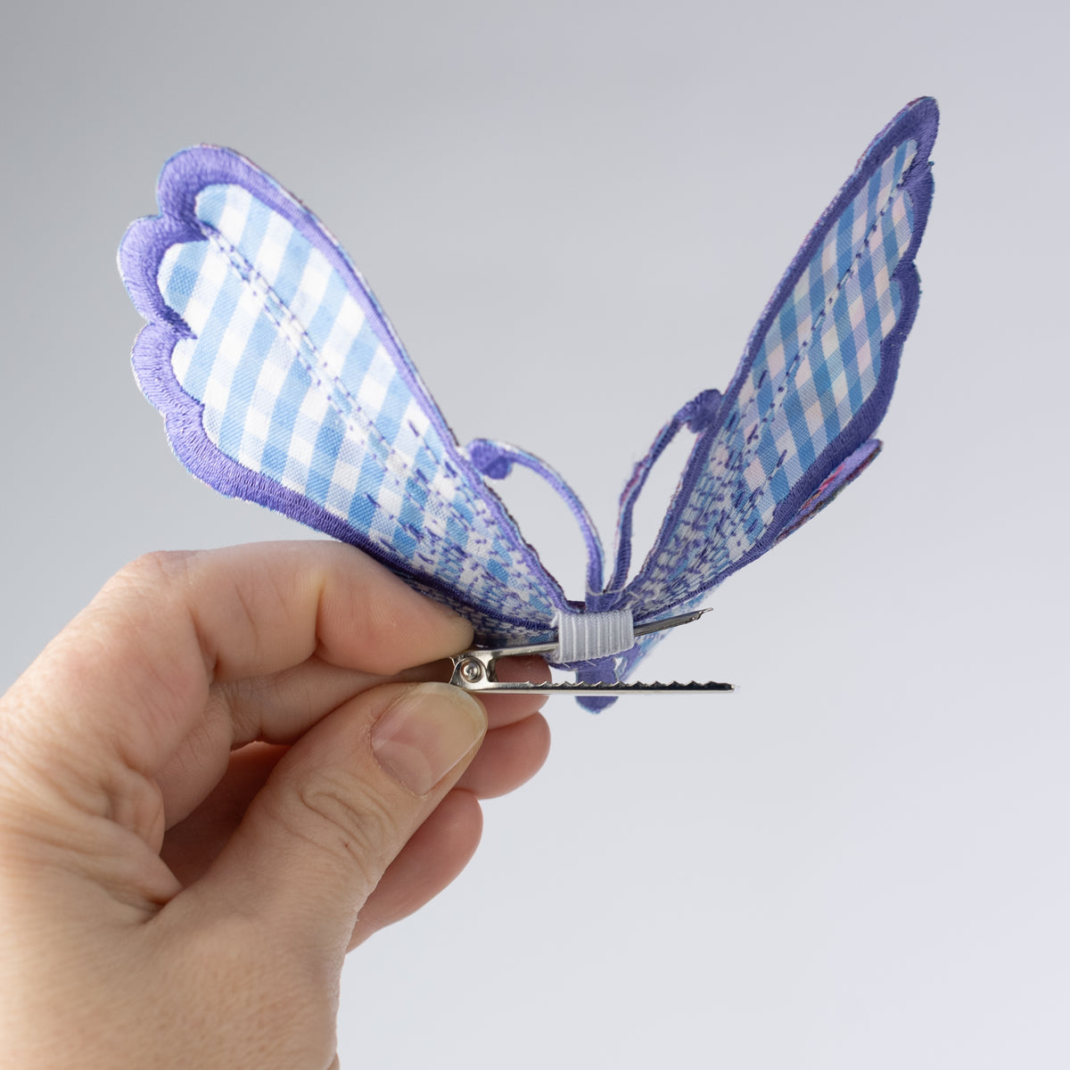 [D Stevens] 6" Embroidered Satin Butterfly Clip: Watercolor Floral Purple