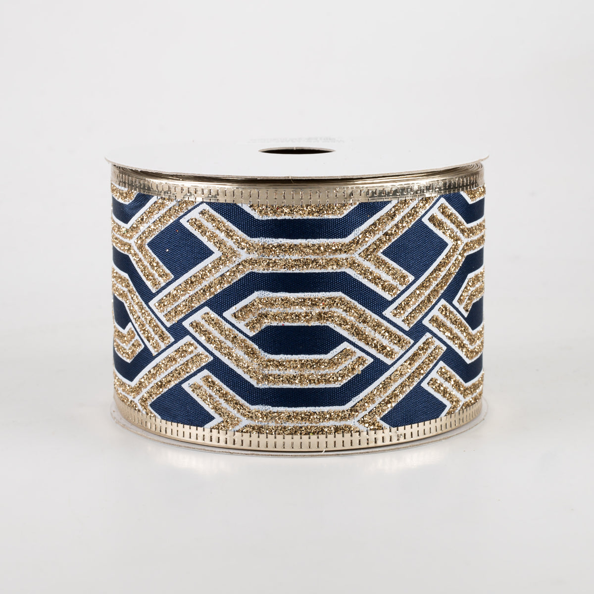 2.5" Interlock Geometric Glitter Satin Ribbon: Navy, White, Gold (10 Yards)