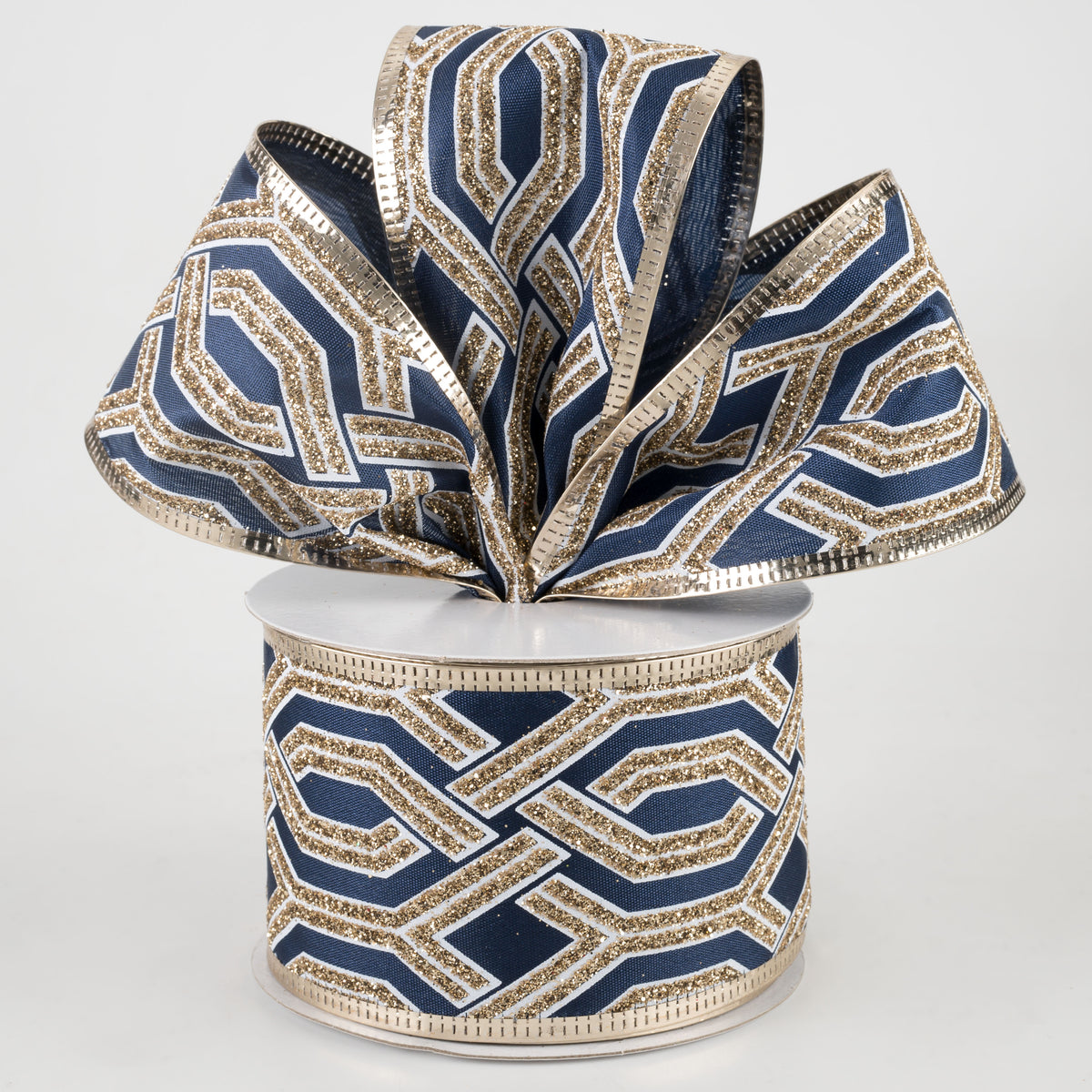 2.5" Interlock Geometric Glitter Satin Ribbon: Navy, White, Gold (10 Yards) Lifestyle Photo