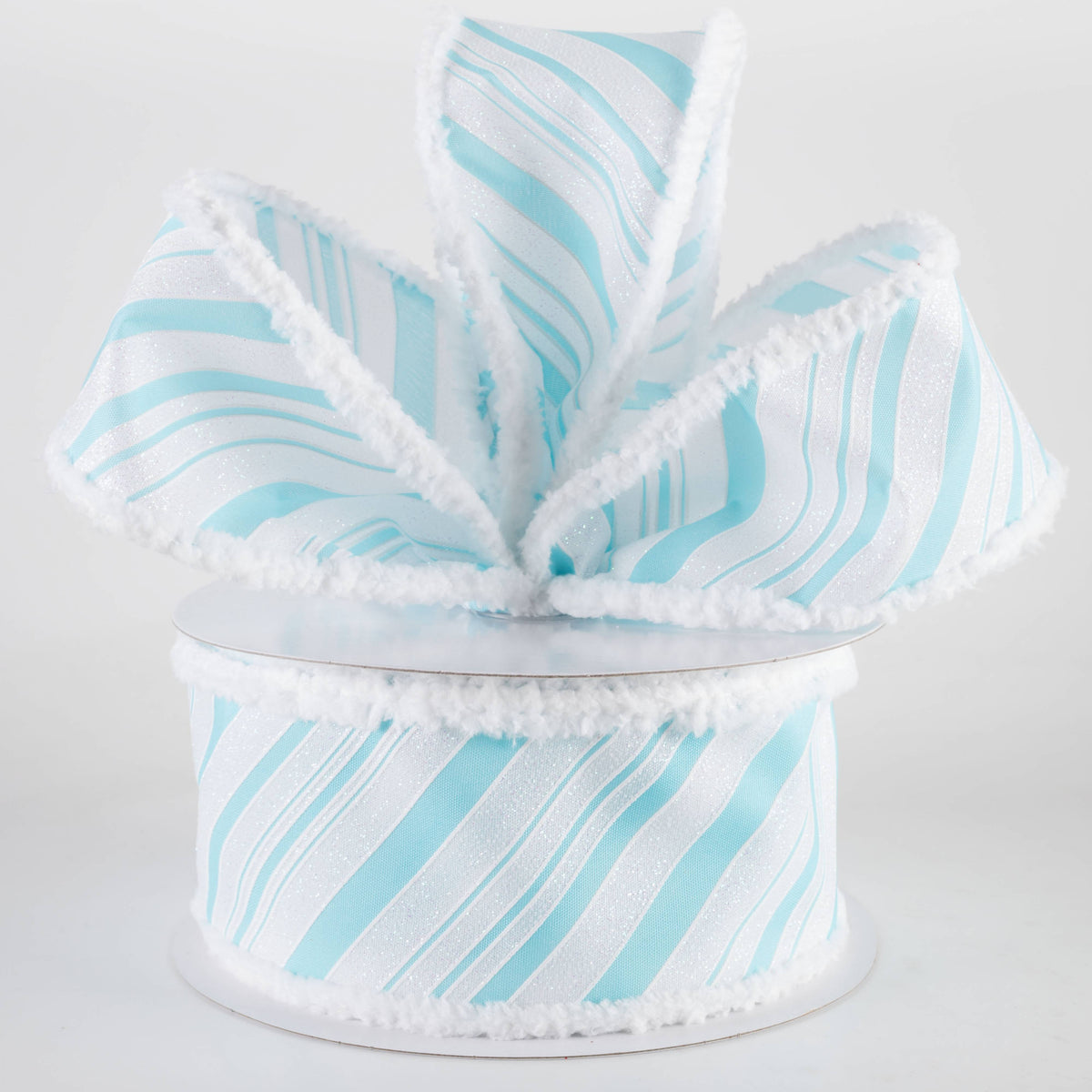 2.5" Iridescent Diagonal Stripe Candy Cane Snow Edge Ribbon: Blue & White (10 Yards) Lifestyle Photo