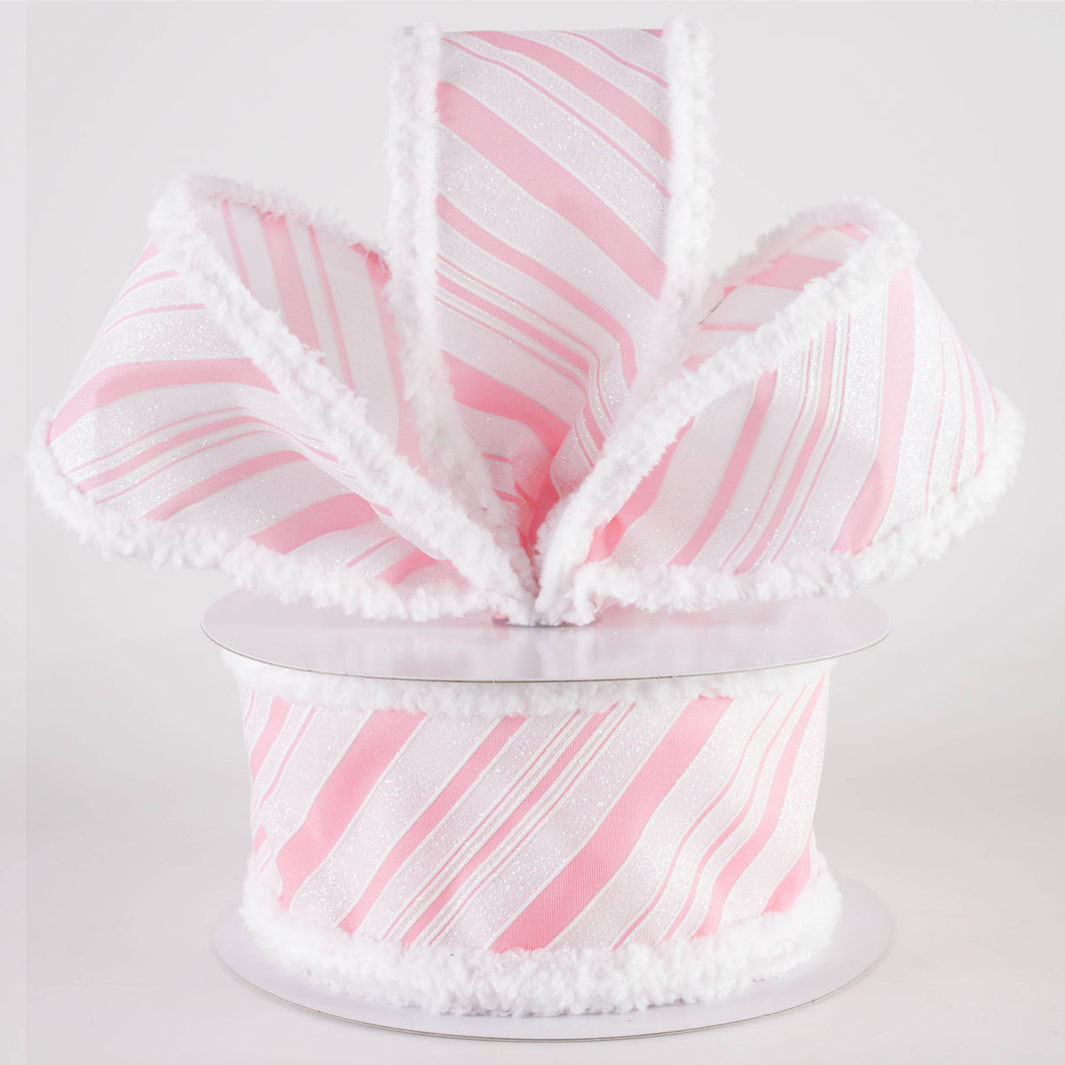 2.5" Iridescent Diagonal Stripe Candy Cane Snow Edge Ribbon: Pink & White (10 Yards) Lifestyle Photo