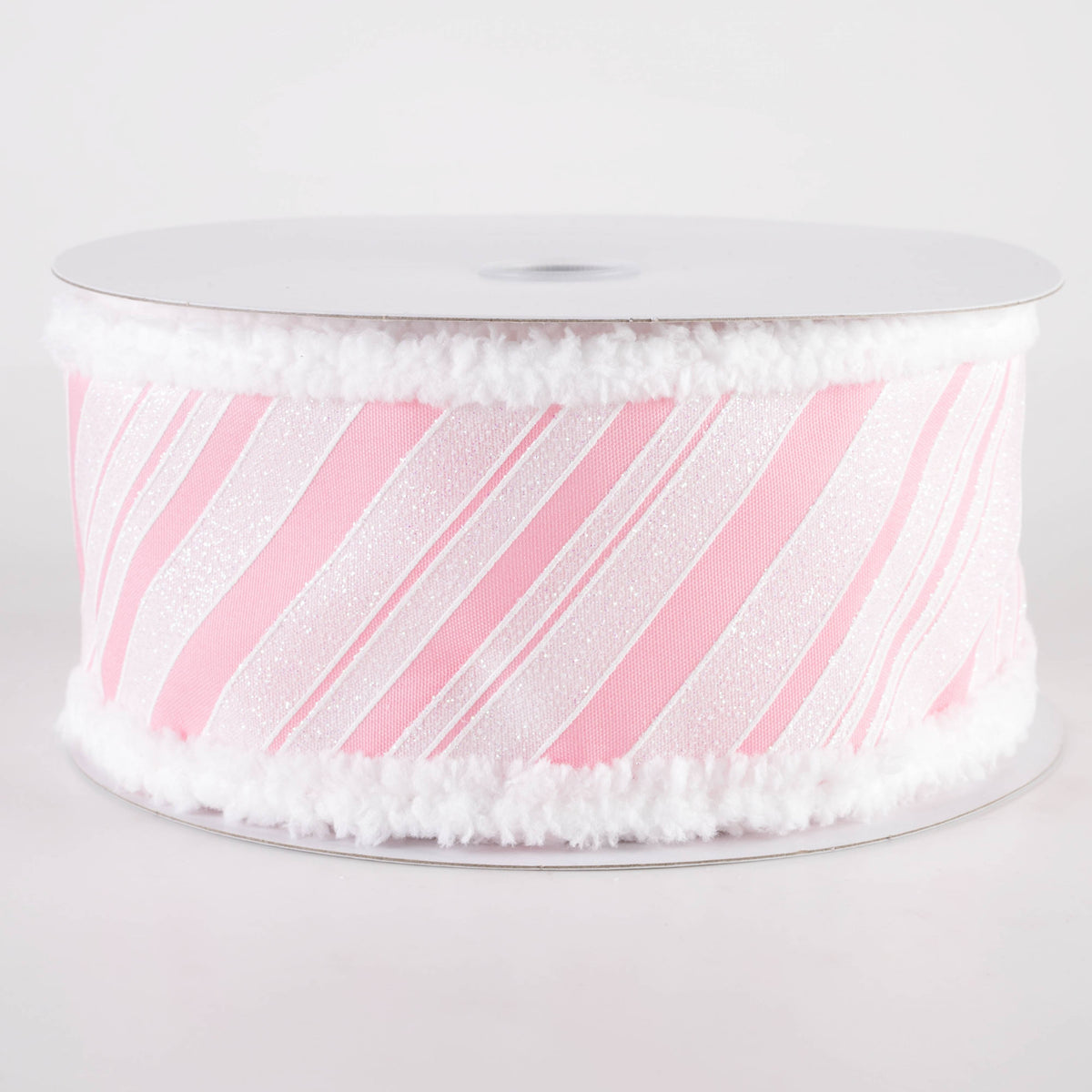 2.5" Iridescent Diagonal Stripe Candy Cane Snow Edge Ribbon: Pink & White (10 Yards) Item Number: 71421-40-03