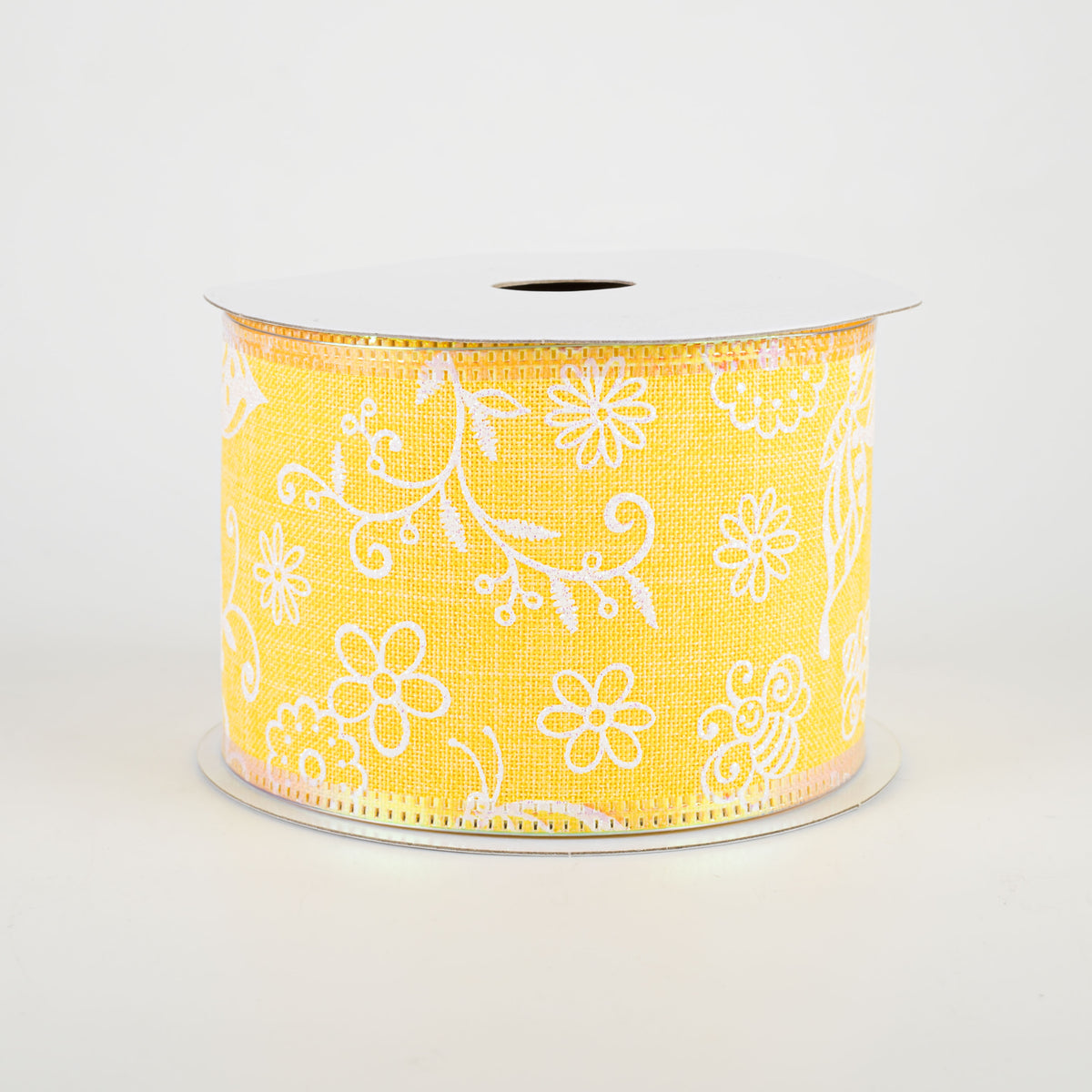 2.5" Iridescent Flowers & Bugs Linen Ribbon: Yellow (10 Yards) Item Number: 45103-40-02