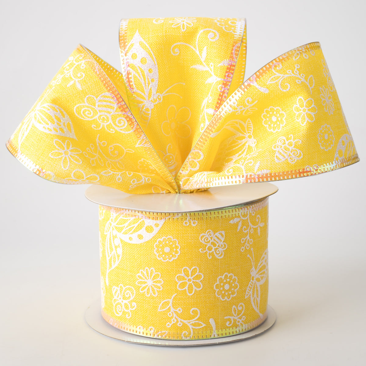 2.5" Iridescent Flowers & Bugs Linen Ribbon: Yellow (10 Yards) Lifestyle Photo