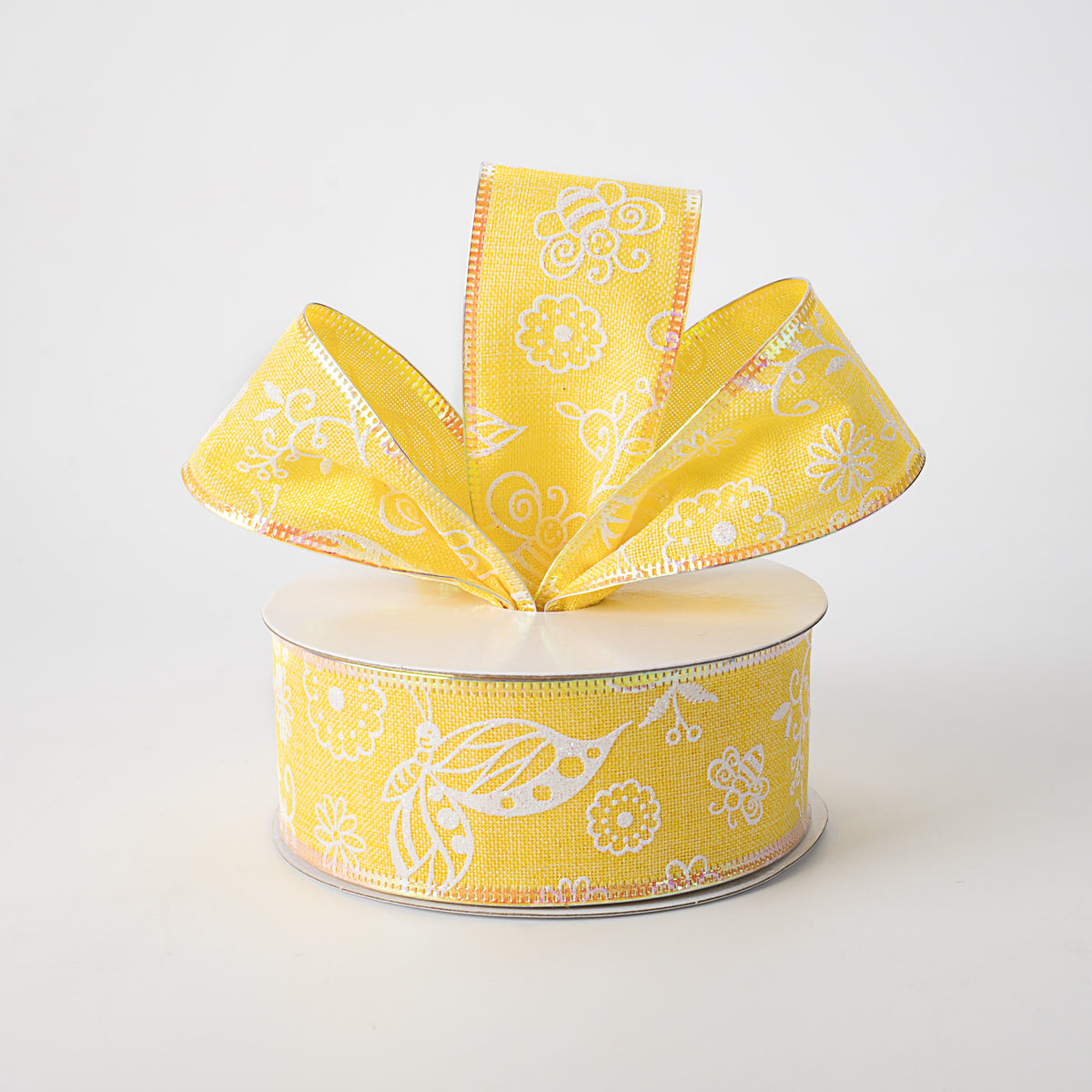 1.5" Iridescent Flowers & Bugs Linen Ribbon: Yellow (10 Yards) Lifestyle Photo