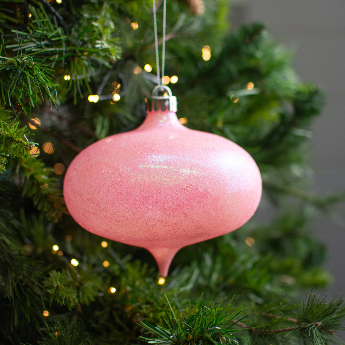 6" Iridescent Glitter Onion Shape Ornament: Candy Pink Lifestyle Photo