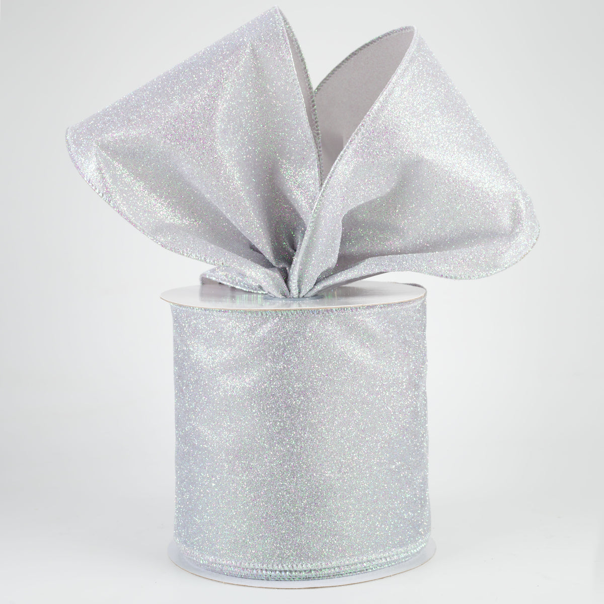 4" Iridescent Glitter Satin Ribbon: Grey (10 Yards) Lifestyle Photo