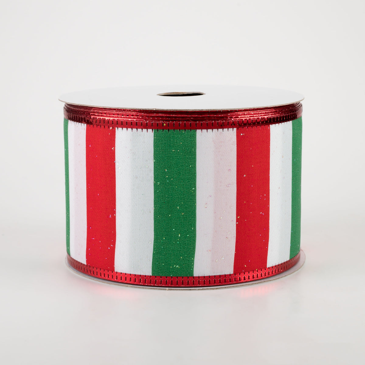 2.5" Iridescent Glitter Stripes Ribbon: White, Red, Emerald (10 Yards) Item Number: 75109-40-17