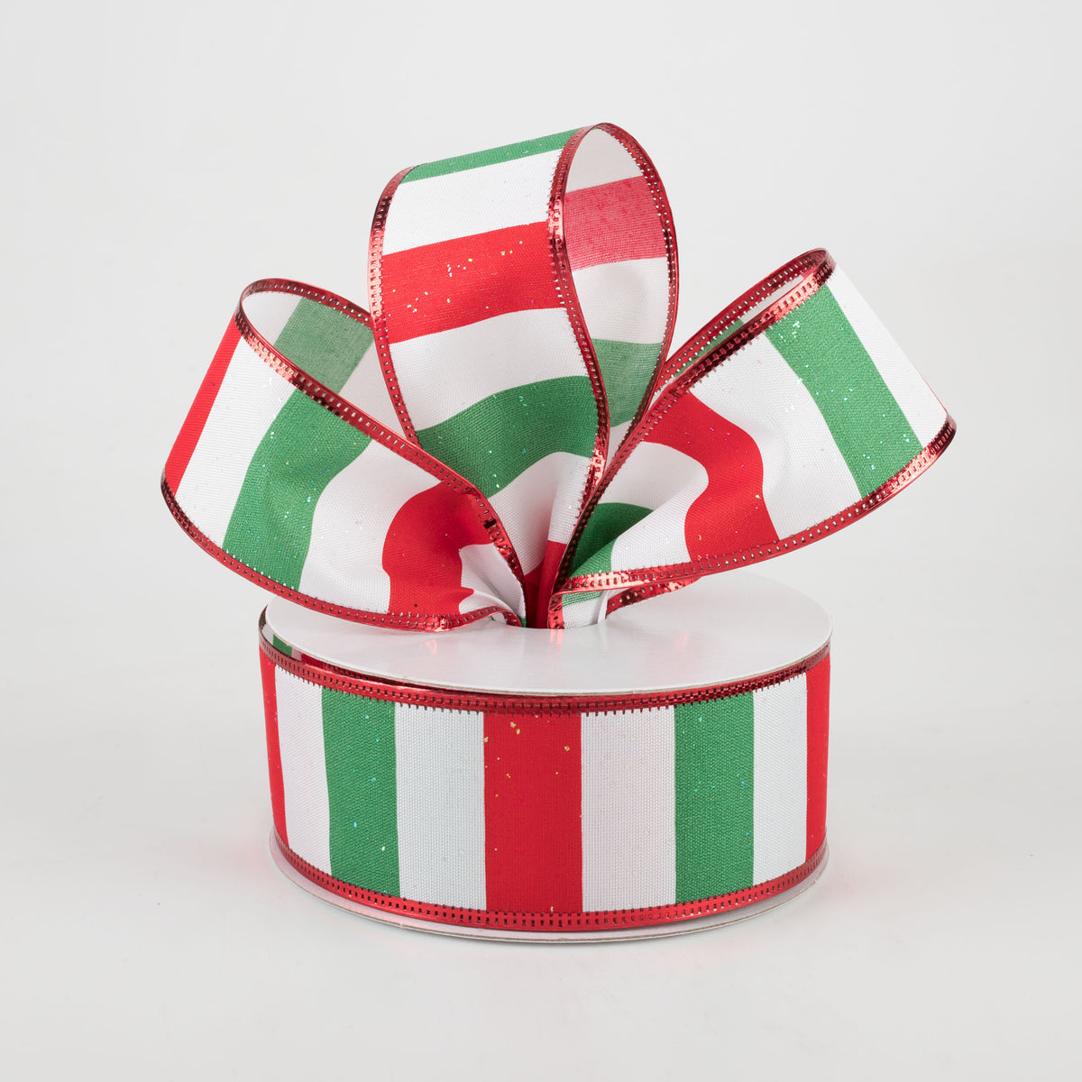 1.5" Iridescent Glitter Stripes Ribbon: White, Red, Emerald (10 Yards) Lifestyle Photo