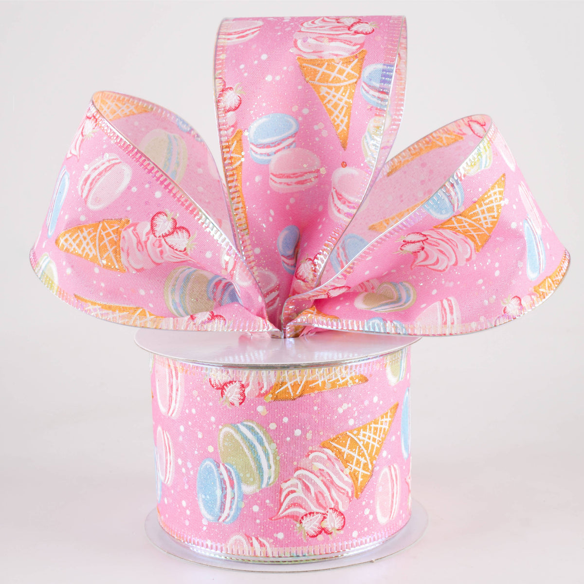 2.5" Iridescent Ice Cream & Macarons Ribbon: Pink (10 Yards) Lifestyle Photo