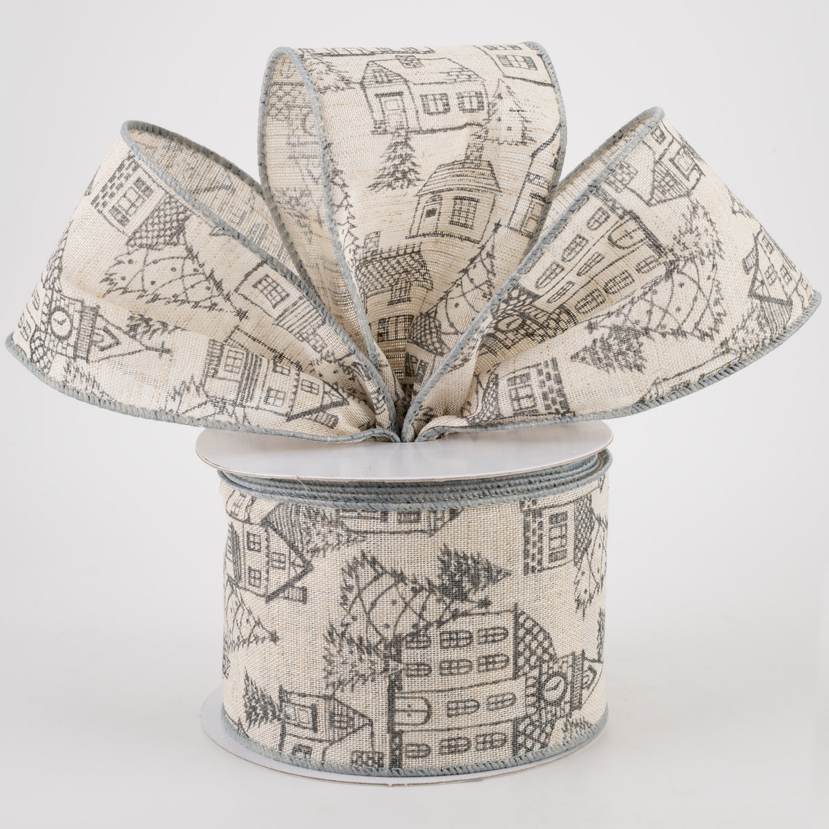 2.5" Ivory Canvas Outlined Houses Ribbon: Grey (10 Yards) Lifestyle Photo