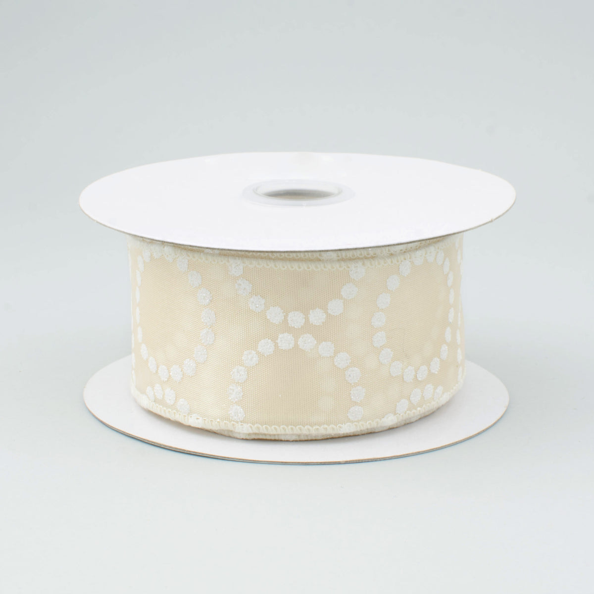 1.5" Ivory Satin Pearl Bead Circle Ribbon: Ivory & White (10 Yards)