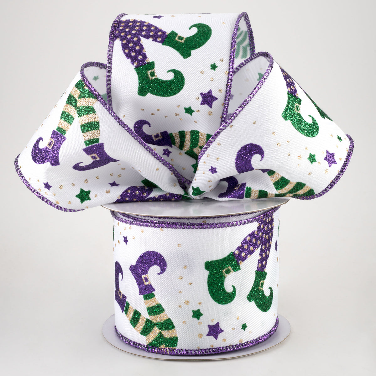 2.5" Jester Legs Ribbon: Purple, Emerald, Gold (10 Yards) Lifestyle Photo