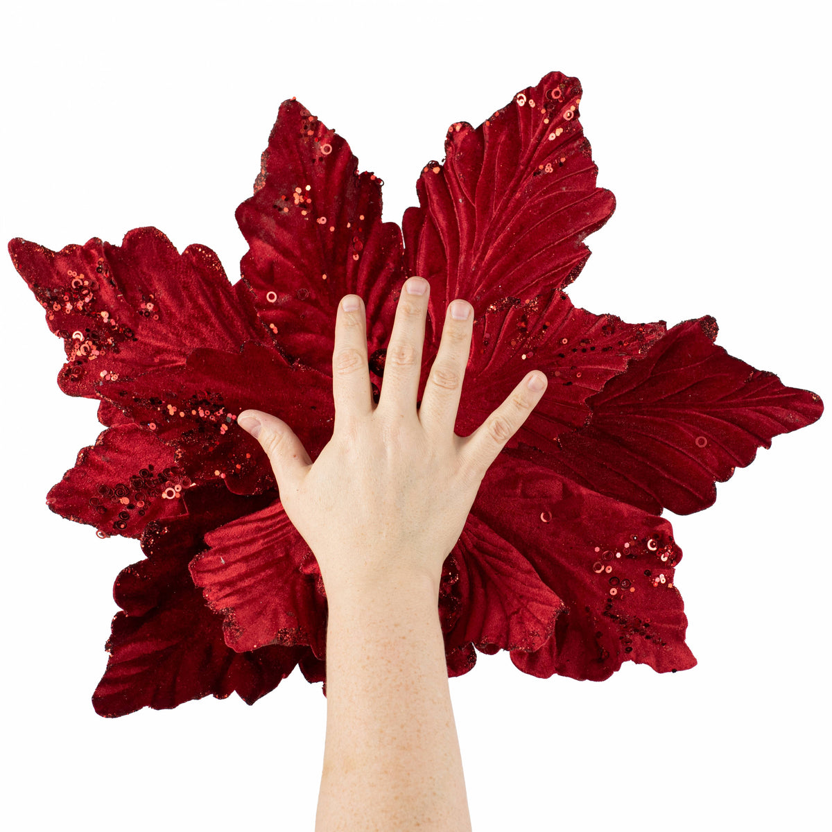 19" x 25" Jumbo Deluxe Velvet Poinsettia Stem: Cranberry Red Lifestyle Photo