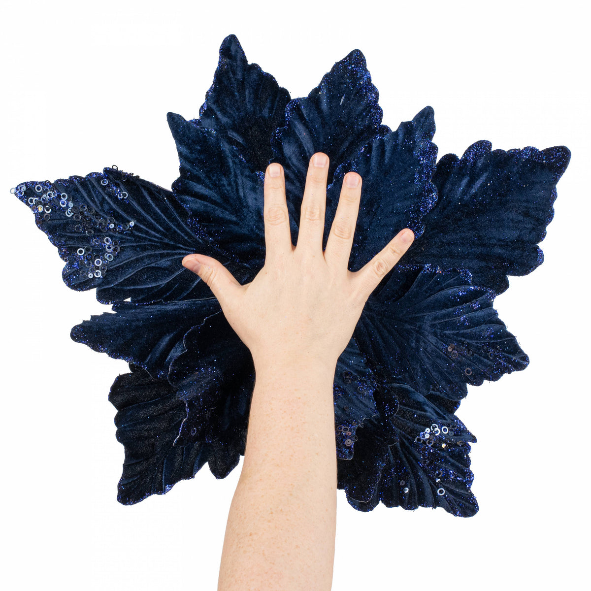 19" x 25" Jumbo Deluxe Velvet Poinsettia Stem: Navy Blue Lifestyle Photo