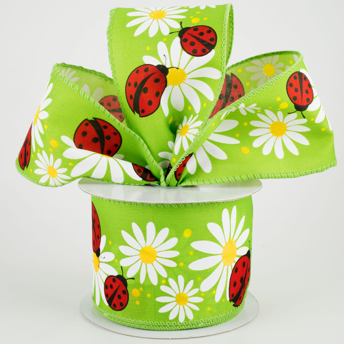 2.5" Ladybug & Daisies Ribbon: Lime (10 Yards) Lifestyle Photo
