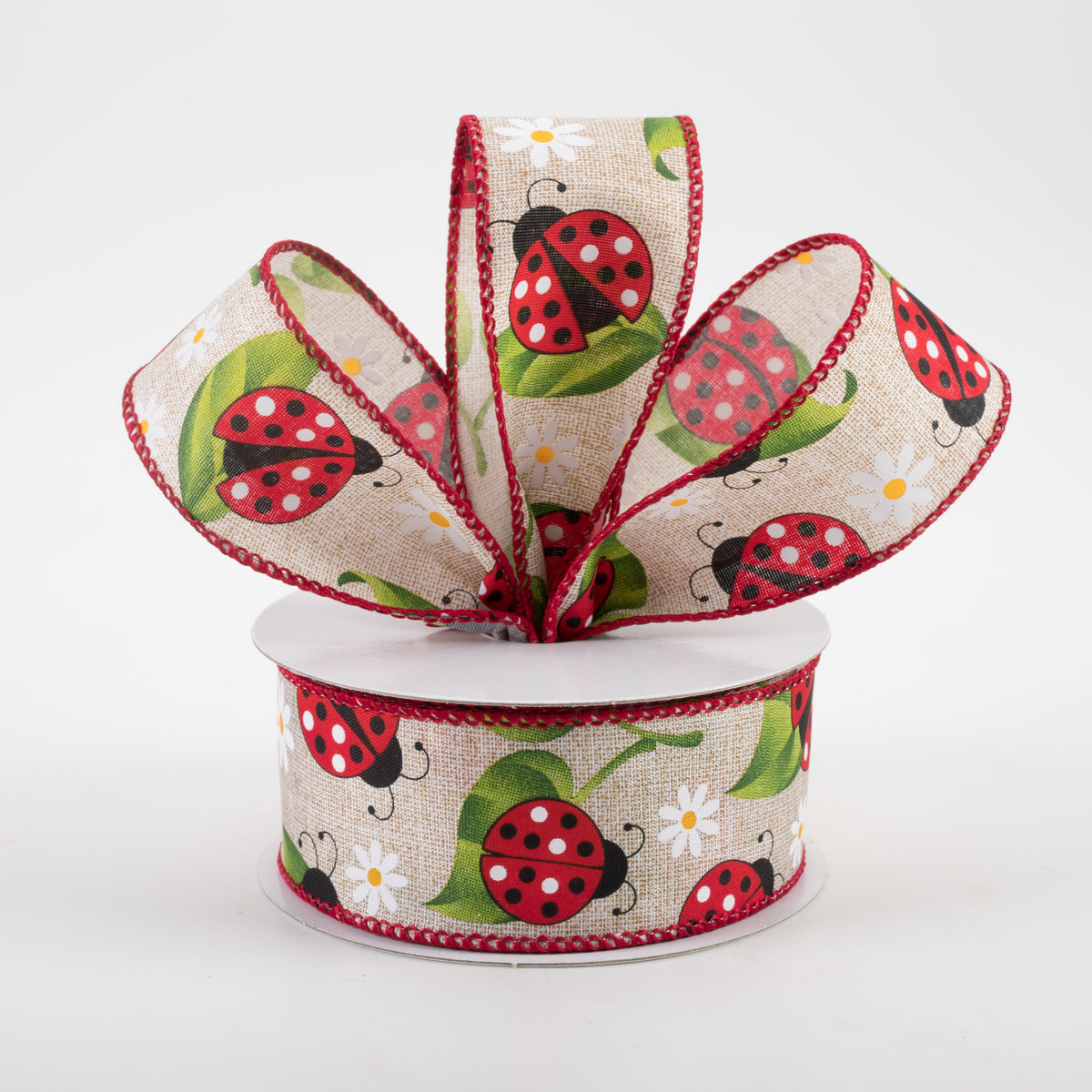 1.5" Ladybug Daisy Print Linen Ribbon: Natural (10 Yards) Lifestyle Photo