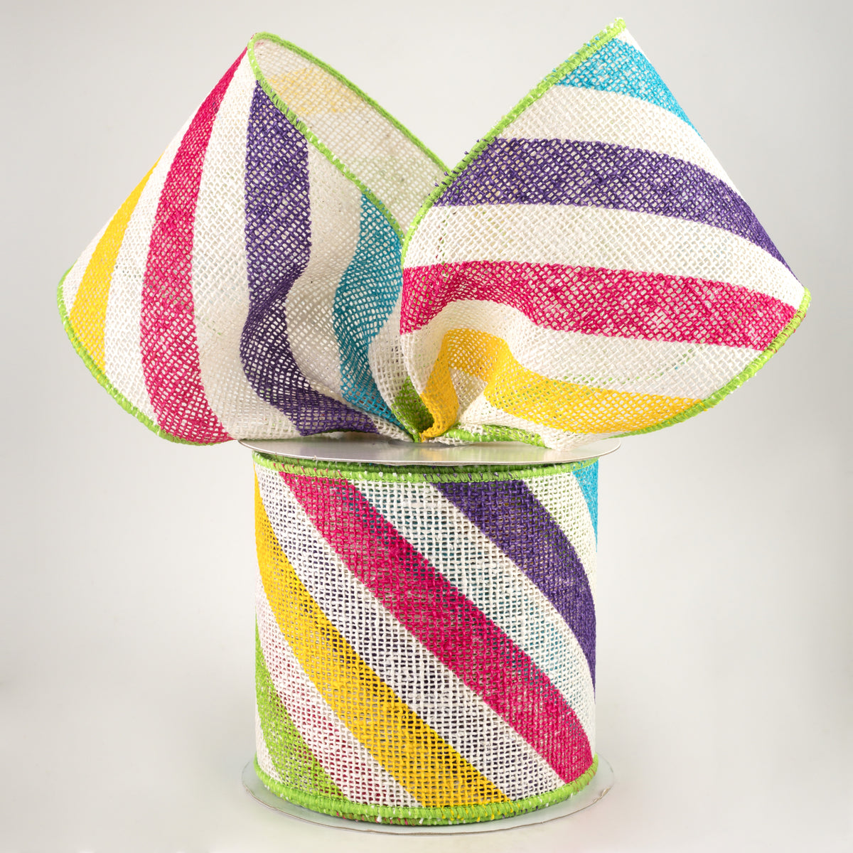 4" Large Diagonal Stripe Ribbon: Off White & Multi Brights (10 Yards) Lifestyle Photo